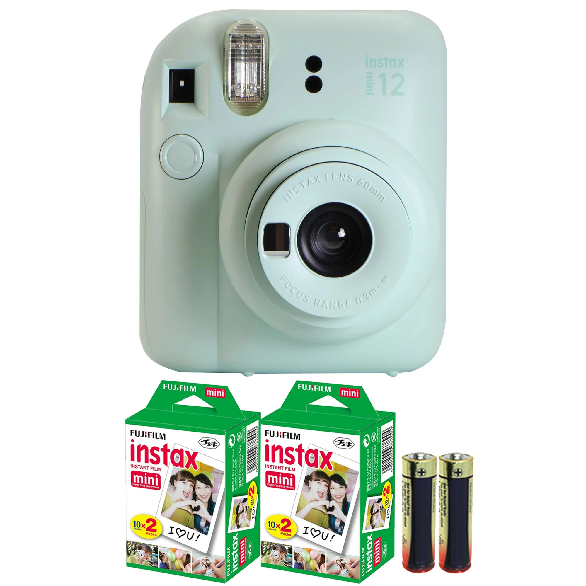 FUJIFILM INSTAX MINI 12 Instant Film Camera (Mint Green) + 2x Fujifilm 2x10 Film Mini Instax Film Pack + Panasonic Alkaline 2 "AA"  Batteries