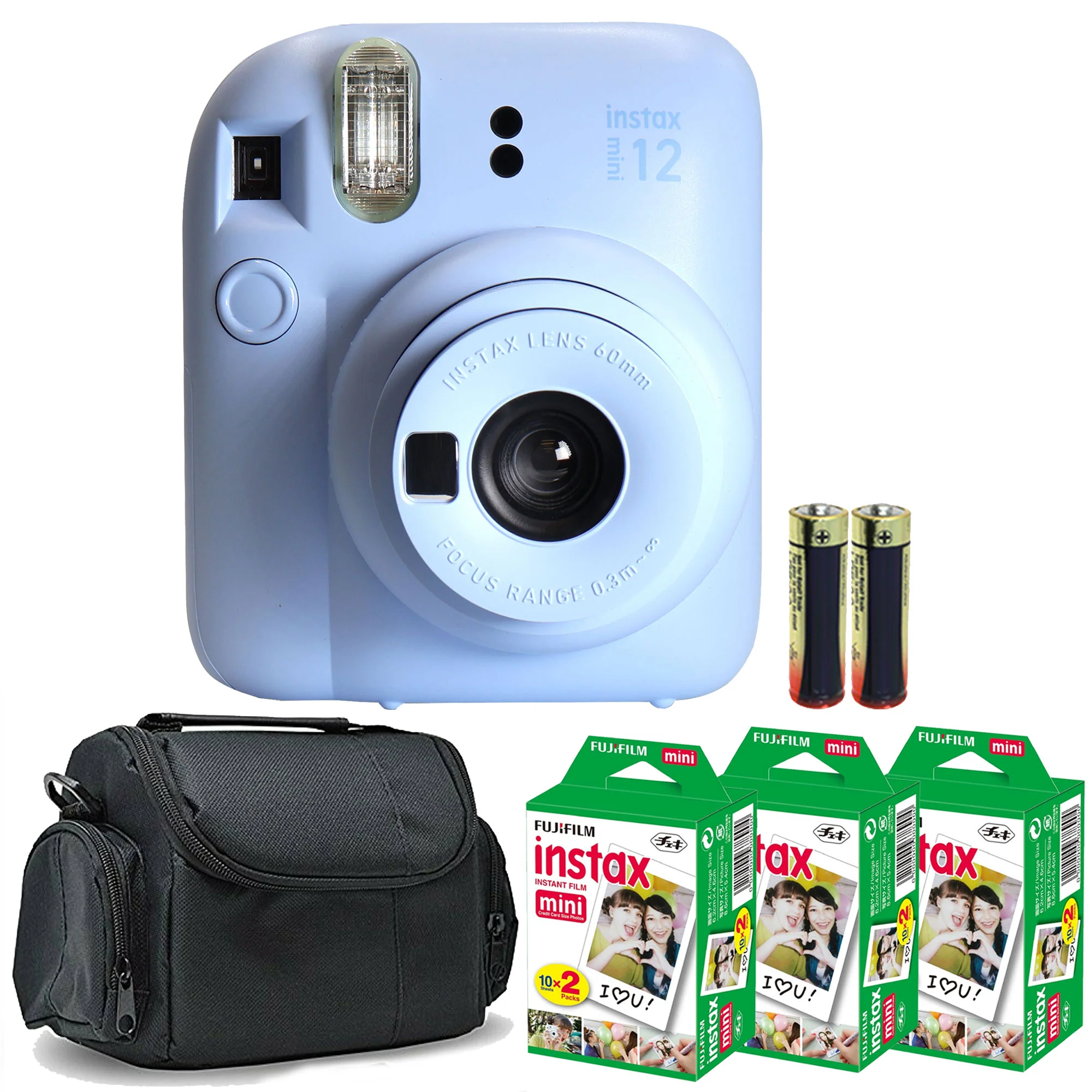 FUJIFILM INSTAX MINI 12 Instant Film Camera (Pastel Blue) + 3x Fujifilm 2x10 Film Mini Instax Film Pack + Panasonic Alkaline 2 "AA" Batteries + BePro BC-1 Case (Small)