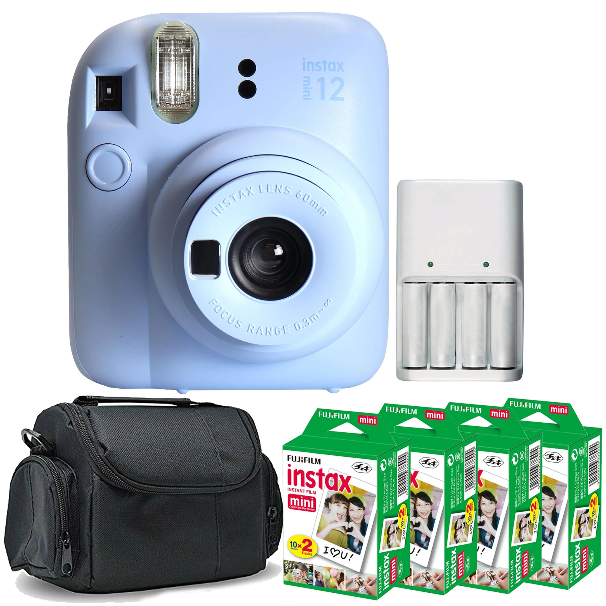 FUJIFILM INSTAX MINI 12 Instant Film Camera (Pastel Blue) + 4x Fujifilm 2x10 Film Mini Instax Film Pack + Xtreme Power Series 4AA/AAA Rechargeabl Batteries and Charger + BePro BC-1 Case (Small)