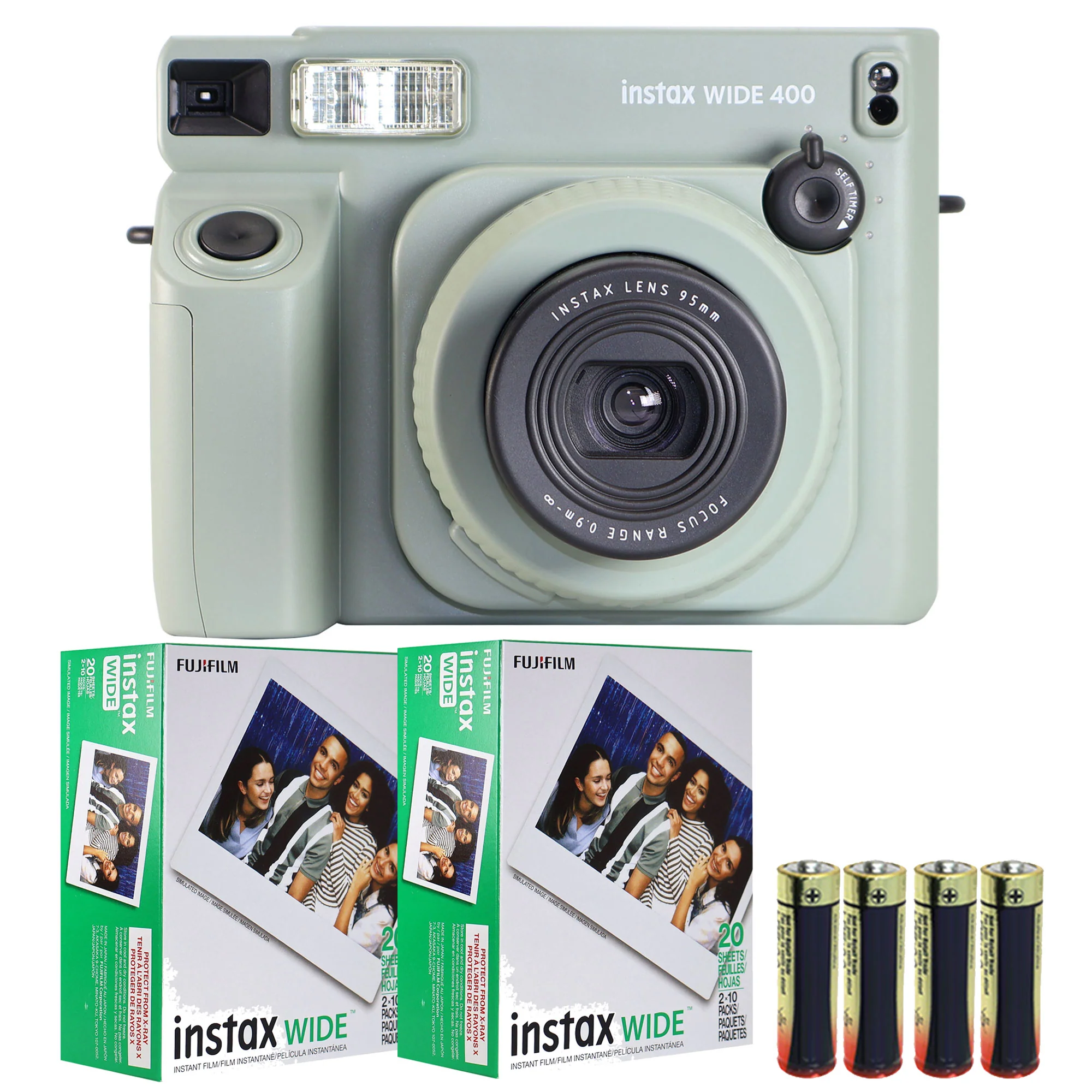 FUJIFILM INSTAX WIDE 400 Instant Film Camera (Sage Green) + 2x FUJIFILM INSTAX WIDE 2X10 FILM + 2x Panasonic Alkaline 2 "AA" Batteries