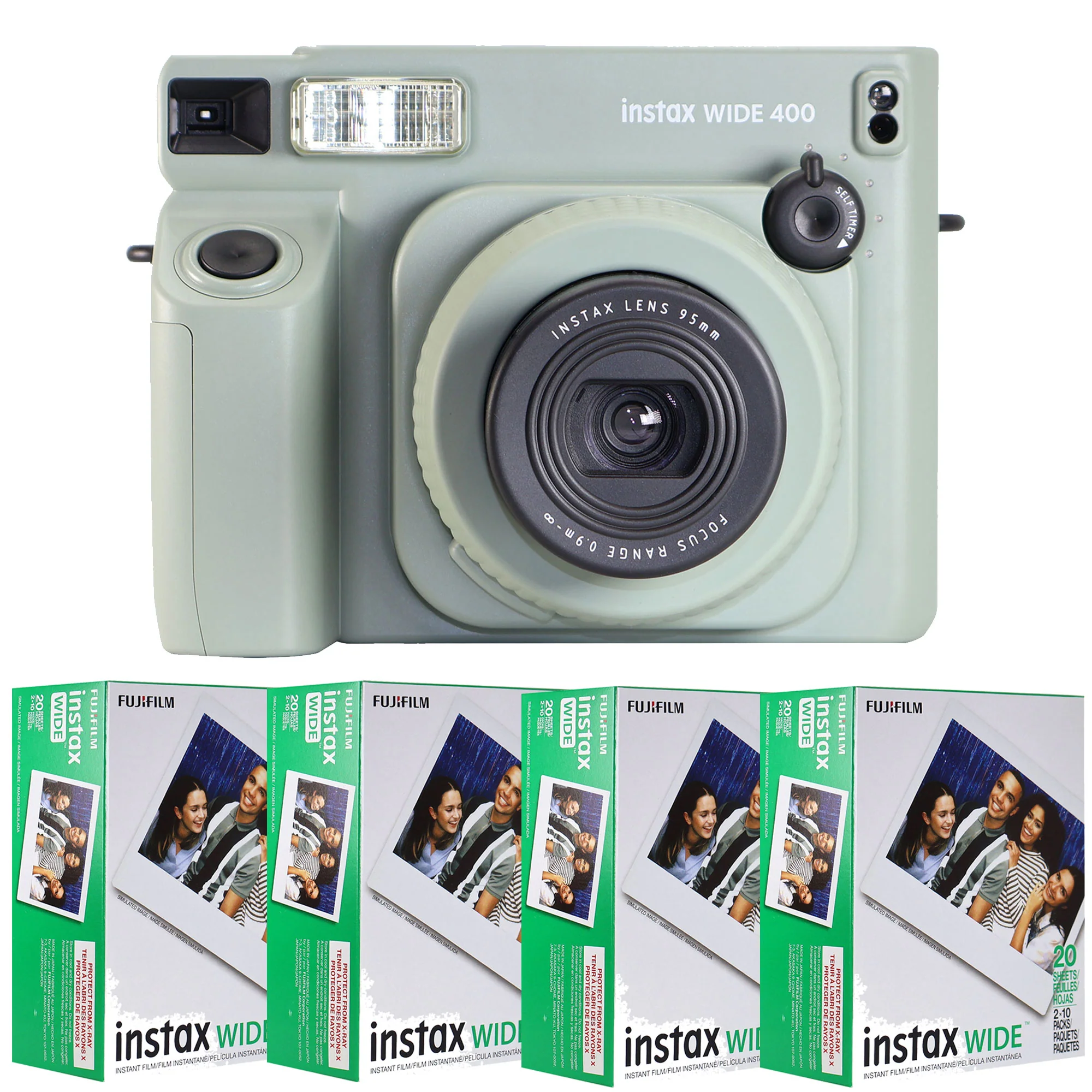 FUJIFILM INSTAX WIDE 400 Instant Film Camera (Sage Green) + 4x FUJIFILM INSTAX WIDE 2X10 FILM