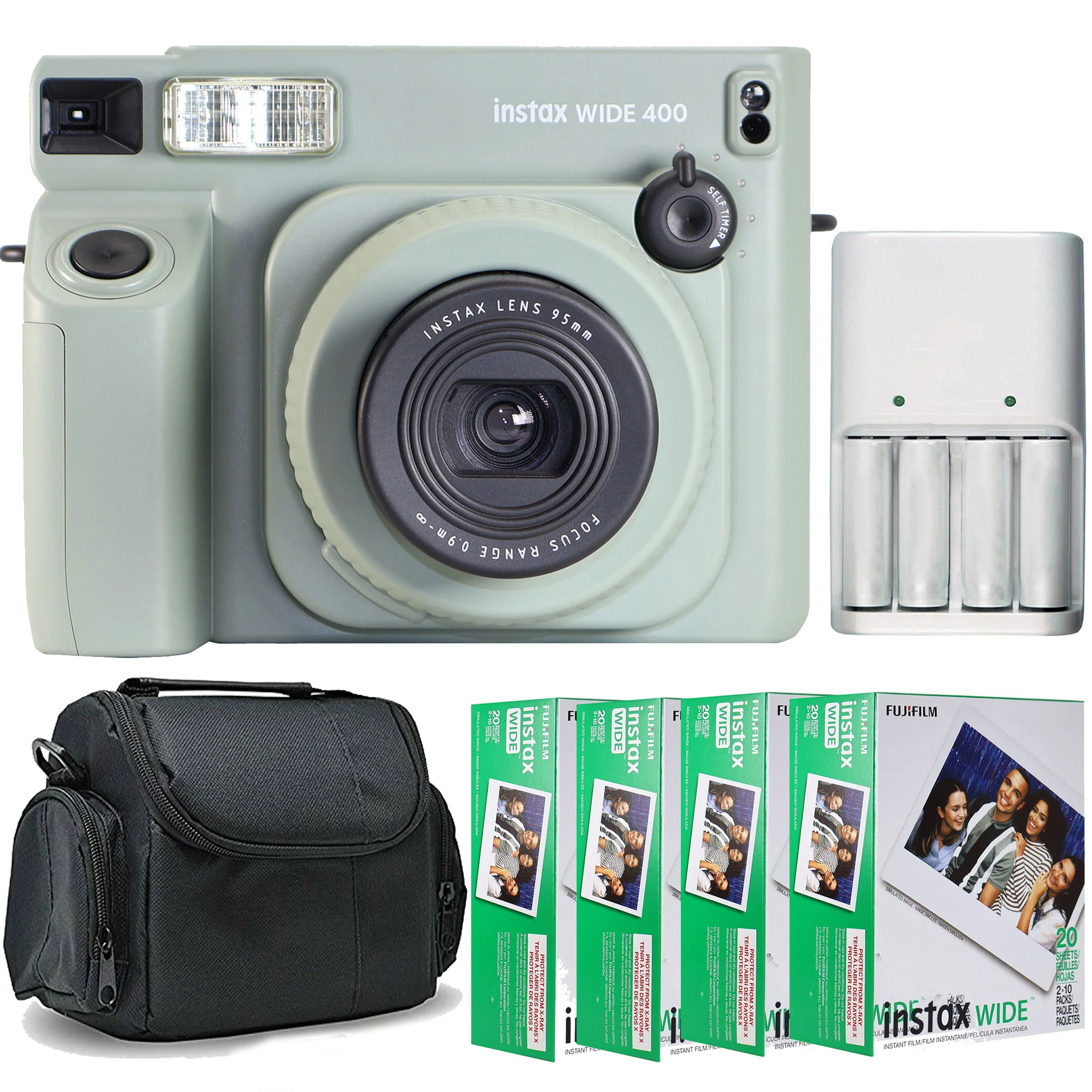 FUJIFILM INSTAX WIDE 400 Instant Film Camera (Sage Green) + 4x FUJIFILM INSTAX WIDE 2X10 FILM + BePro BC-2 Case (Medium) + Xtreme Power Series 4AA/AAA Rechargeabl Batteries and Charger