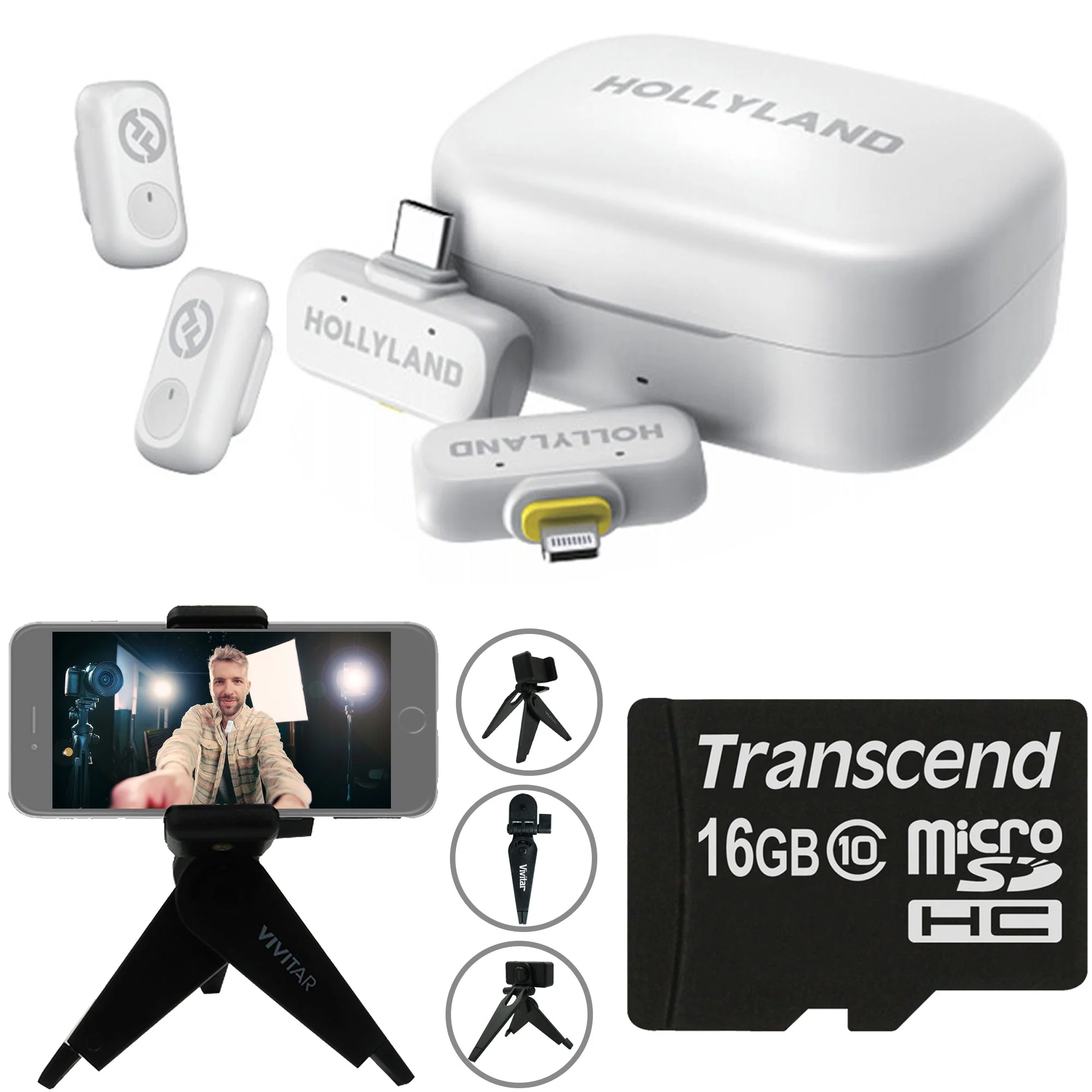 Hollyland LARK A1 Combo 2-Person Wireless Microphone System with USB-C and Lightning Connectors for Mobile Devices (Ivory White, 2.4 GHz) + Vivitar compact Selfie Video Tripod + 16GB Transcend MicroSD Memory Card with Adapter
