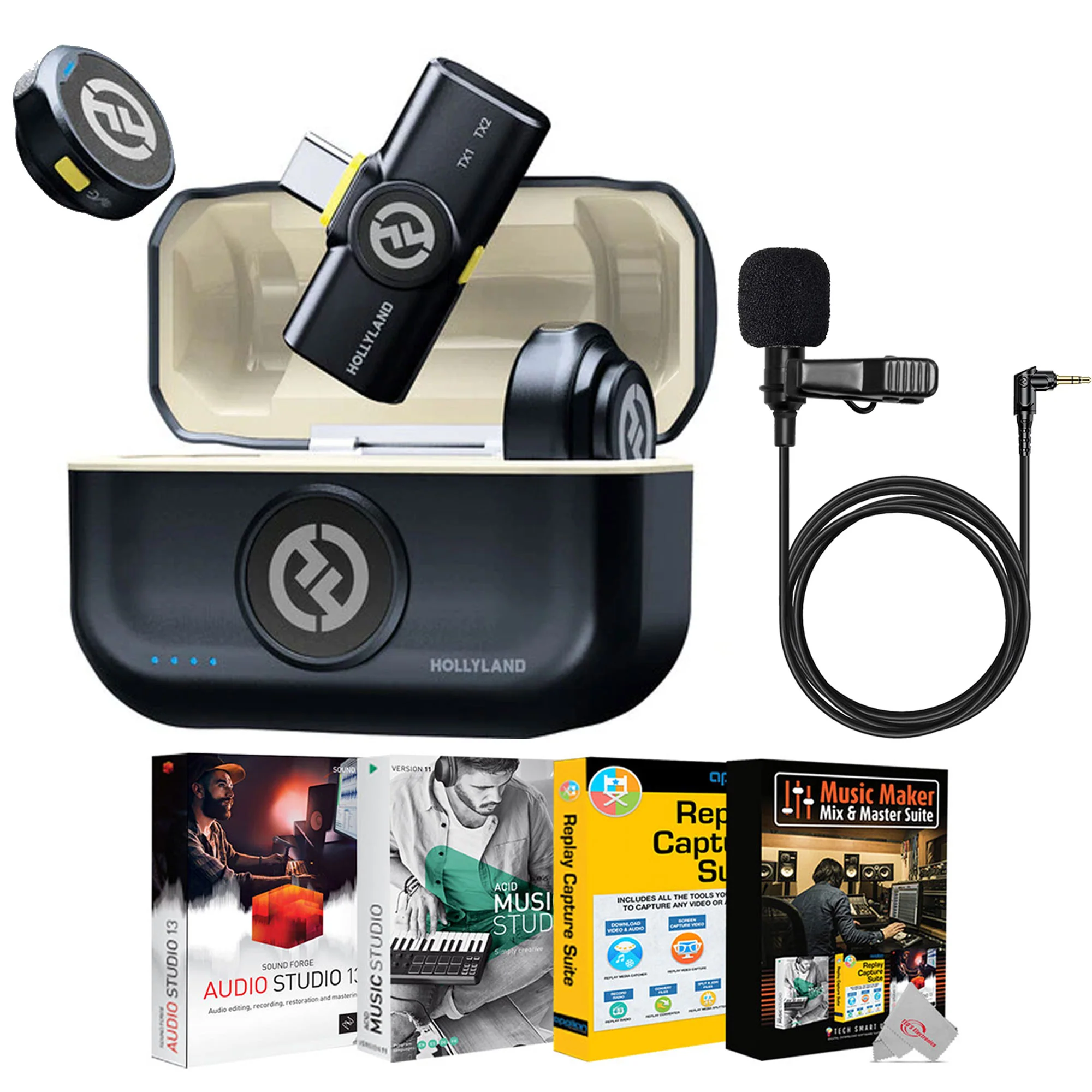 Hollyland LARK M2 2.4GHz 2-Person Wireless Lavalier Microphone System with USB-C Plug & Play (Shine Charcoal) + Hollyland Lavalier Microphone: Omni Sound, Wide Compatibility (3.5mm) + Music Maker Mix and Master Suite