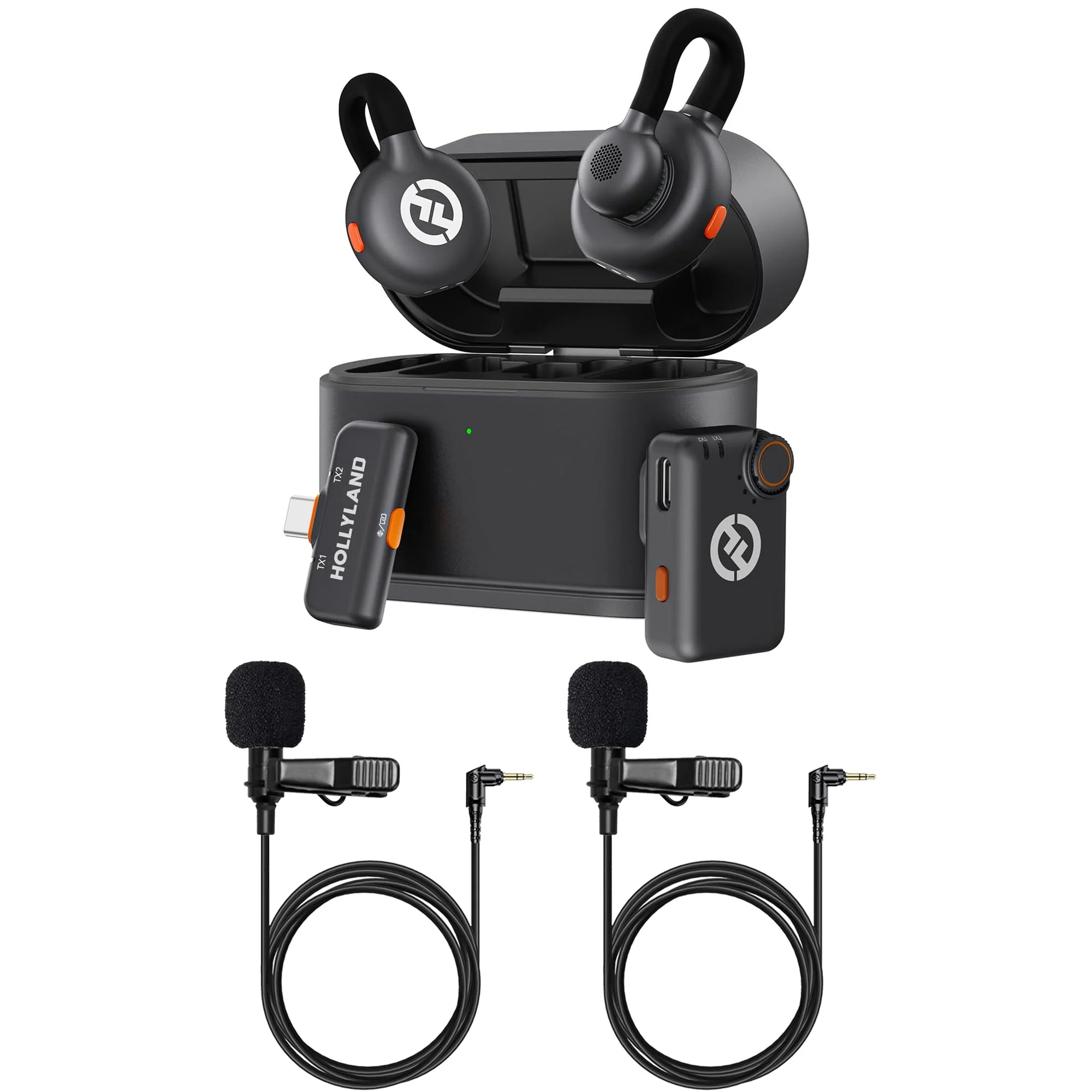 Hollyland LARK M2S Mini Combo 2-Person Wireless Microphone System - Universal Compatibility (2.4 GHz, Space Gray) + 2x Hollyland Lavalier Microphone: Omni Sound, Wide Compatibility (3.5mm)