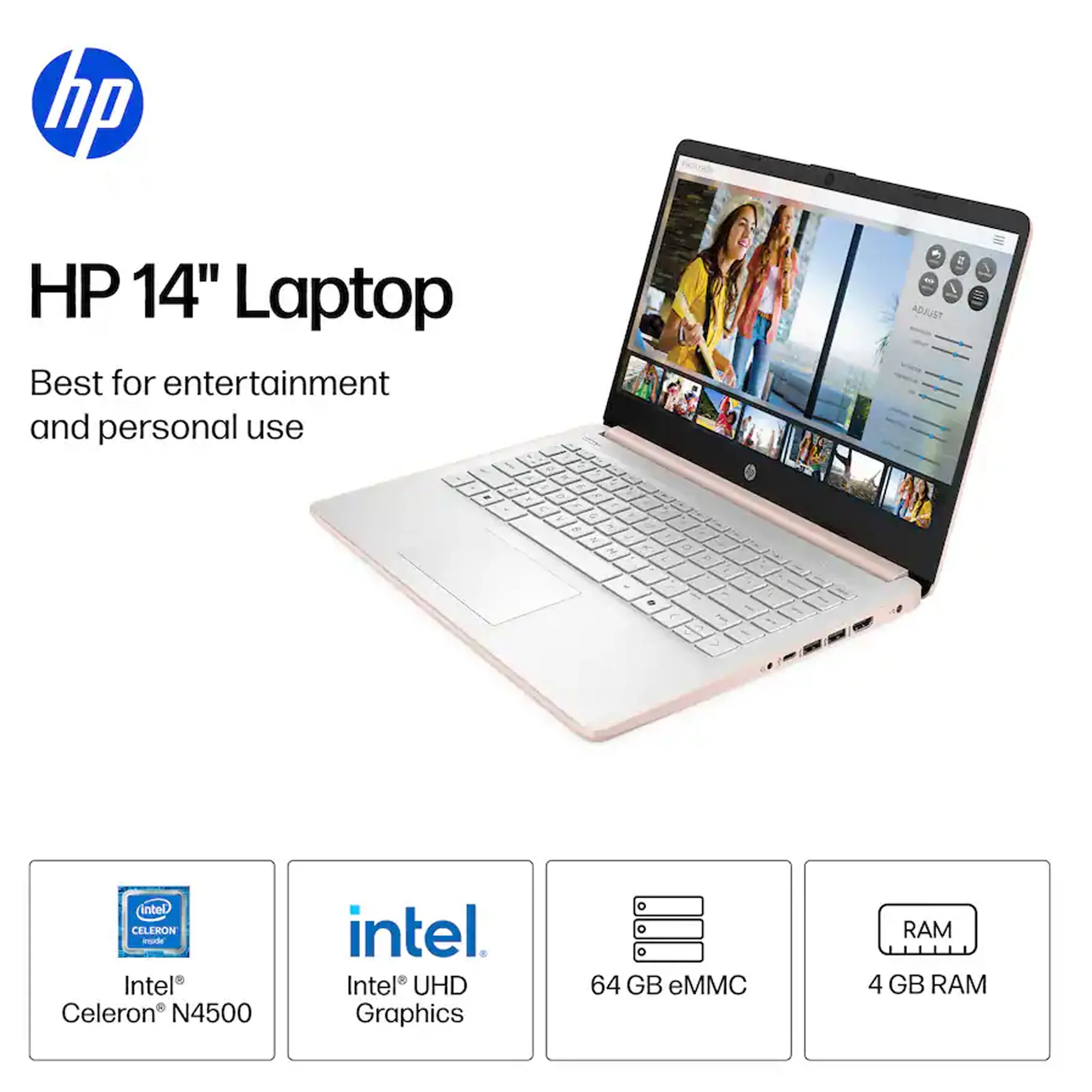 HP 14" Laptop - Intel Celeron N4500 2021 - 4GB Memory - 64GB eMMC - Pale Rose Gold with 10FT USB 2.0 Type A Male To B Male Cable and 6ft HDMI Cable - Image 2