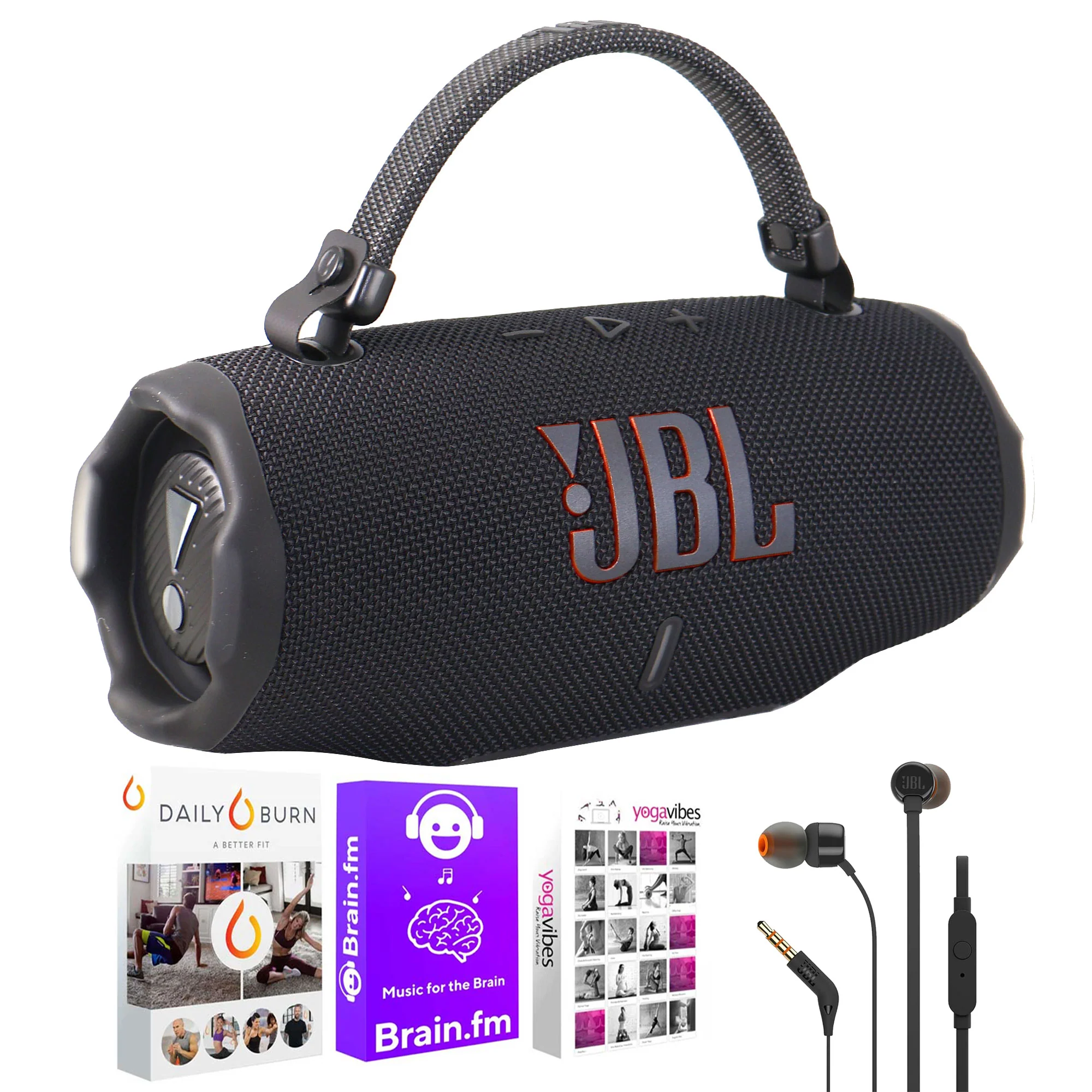 JBL Charge 6 Portable Waterproof Bluetooth Speaker (Black) + JBL T110 in Ear Headphones + 92783 Fitness and Wellness Plus Software Suite
