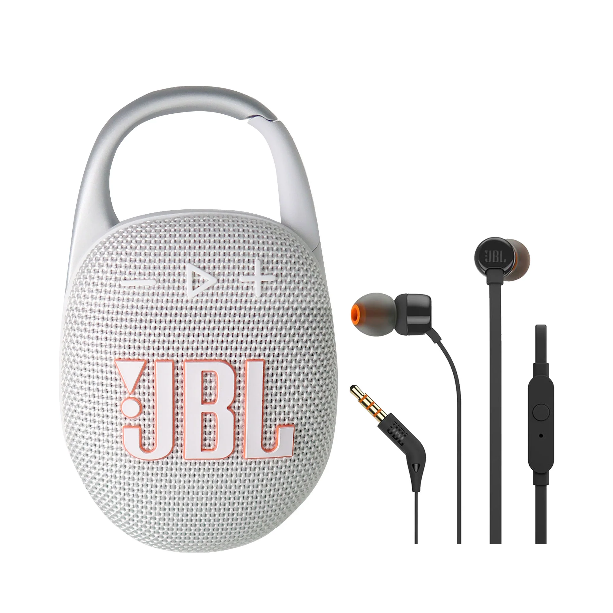 JBL Clip 5 Portable Waterproof Wireless Speaker (White) + JBL T110 in Ear Headphones Black