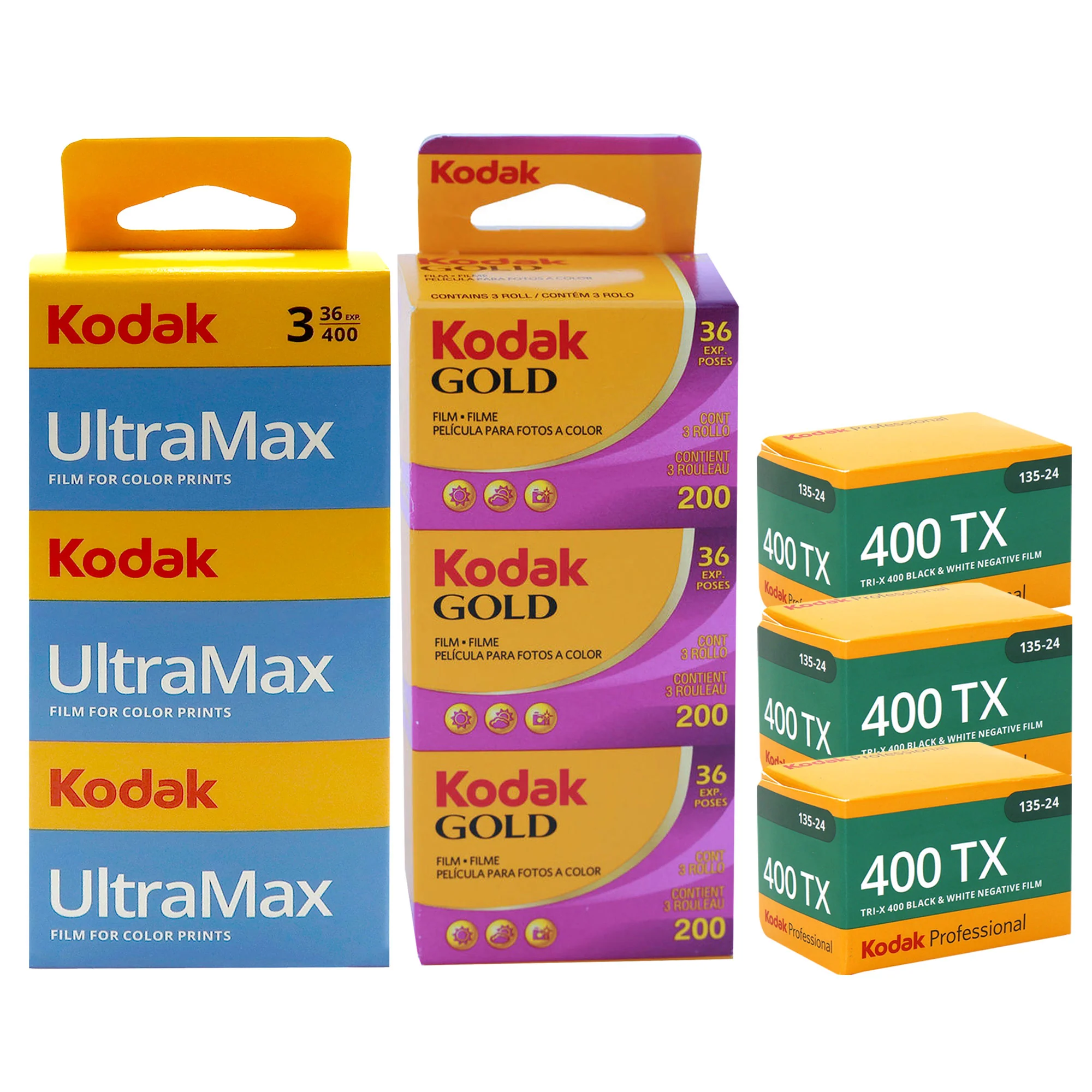 Kodak GOLD 200 Color Negative Film (35mm Roll Film, 36 Exposures) - 3 Pack + 3x Kodak Professional 400TX Tri-X 400 Black & White Negative Film - 24 Exposures (1590652) + Kodak UltraMax 400 Color Negative Film (35mm, 36 Exposures) - 3 Pack