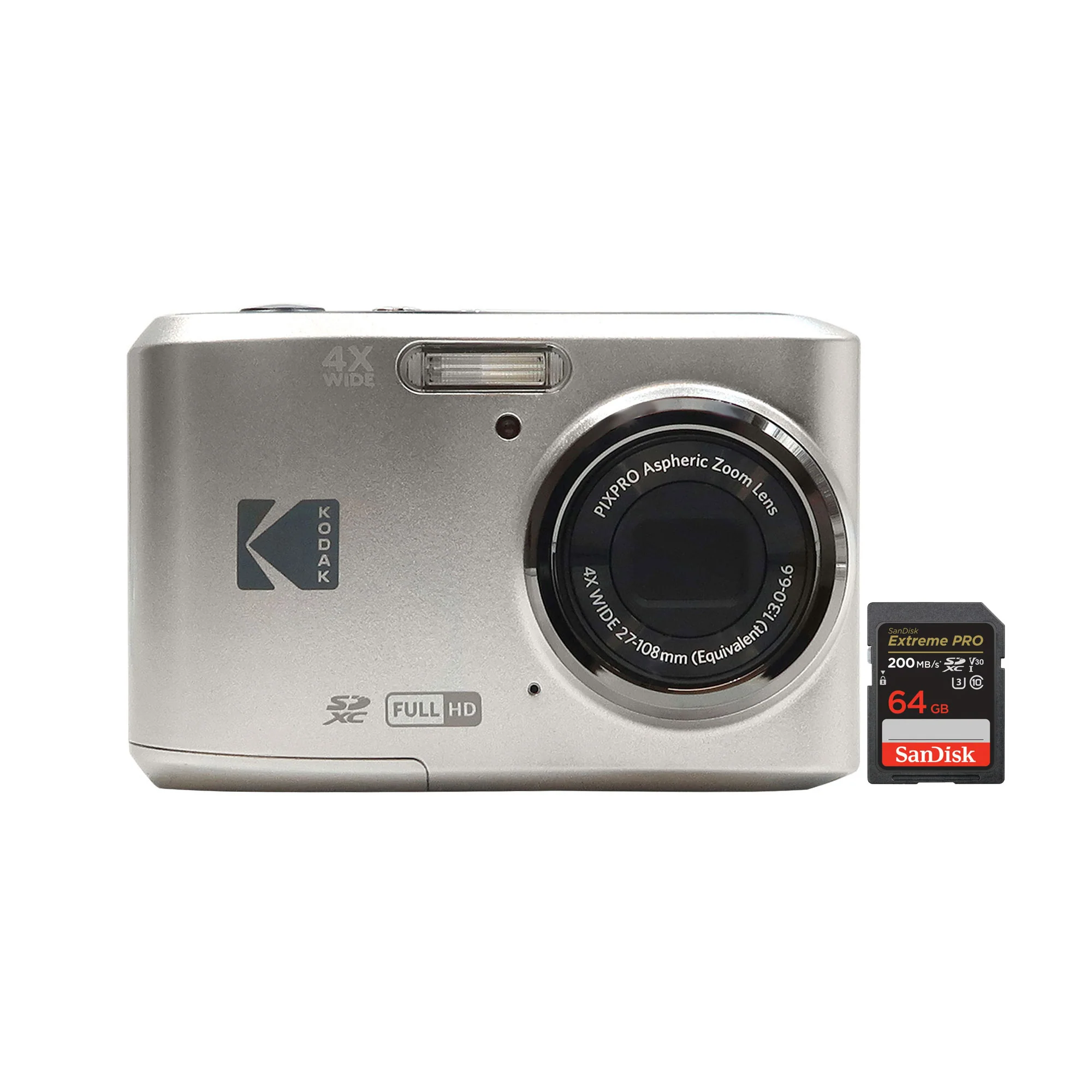 Kodak Pixpro FZ45 Portable 16MP Digital Camera (Silver) + Sandisk 64GB Extreme PRO SDXC UHS-I Memory Card
