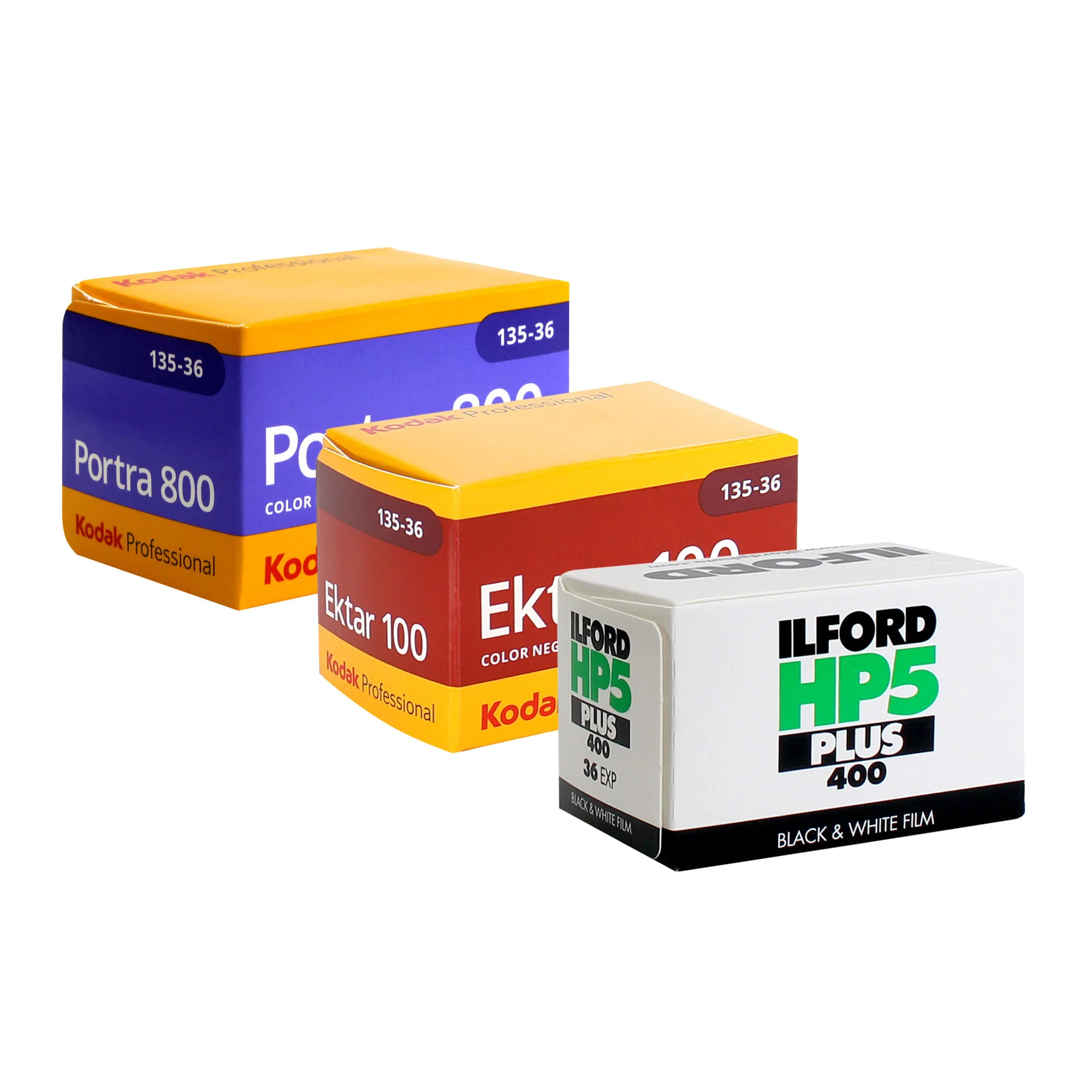 Kodak Professional Portra 800 Color Negative Film (35mm Roll Film, 36 Exposures) + Kodak Professional Ektar 100 Color Negative Film (35mm Roll Film, 36 Exposures) + Ilford HP5 Plus Black and White Negative Film (35mm Roll Film, 36 Exposures)