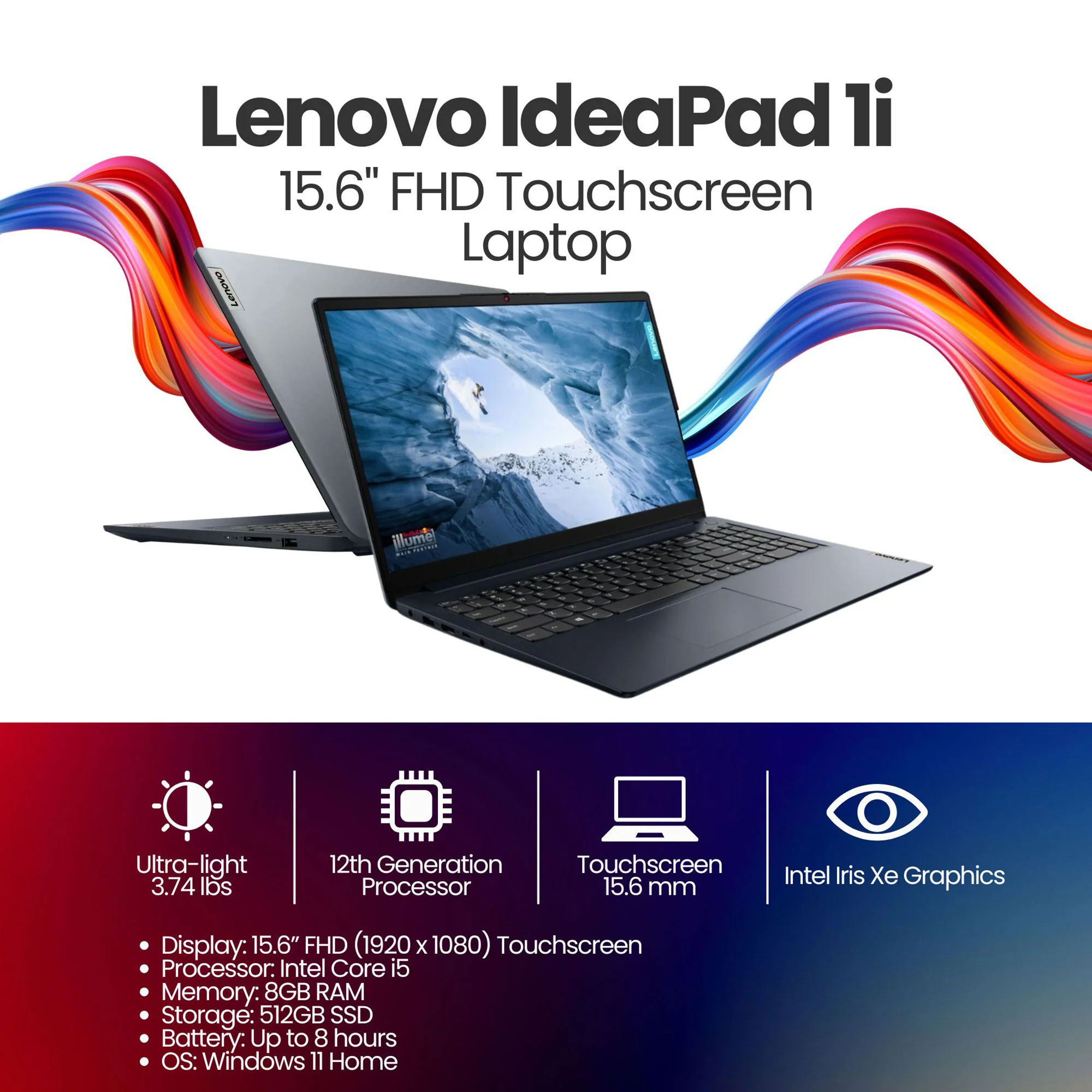 Lenovo IdeaPad 1i 15.6" FHD Touchscreen Laptop - Intel Core i5 - 8GB Memory with 512GB SSD Storage (Abyss Blue) + Splash Proof Wear Resistant Polyester Fiber Computer Briefcase Laptop Bags for 15.6" Laptops - Image 2