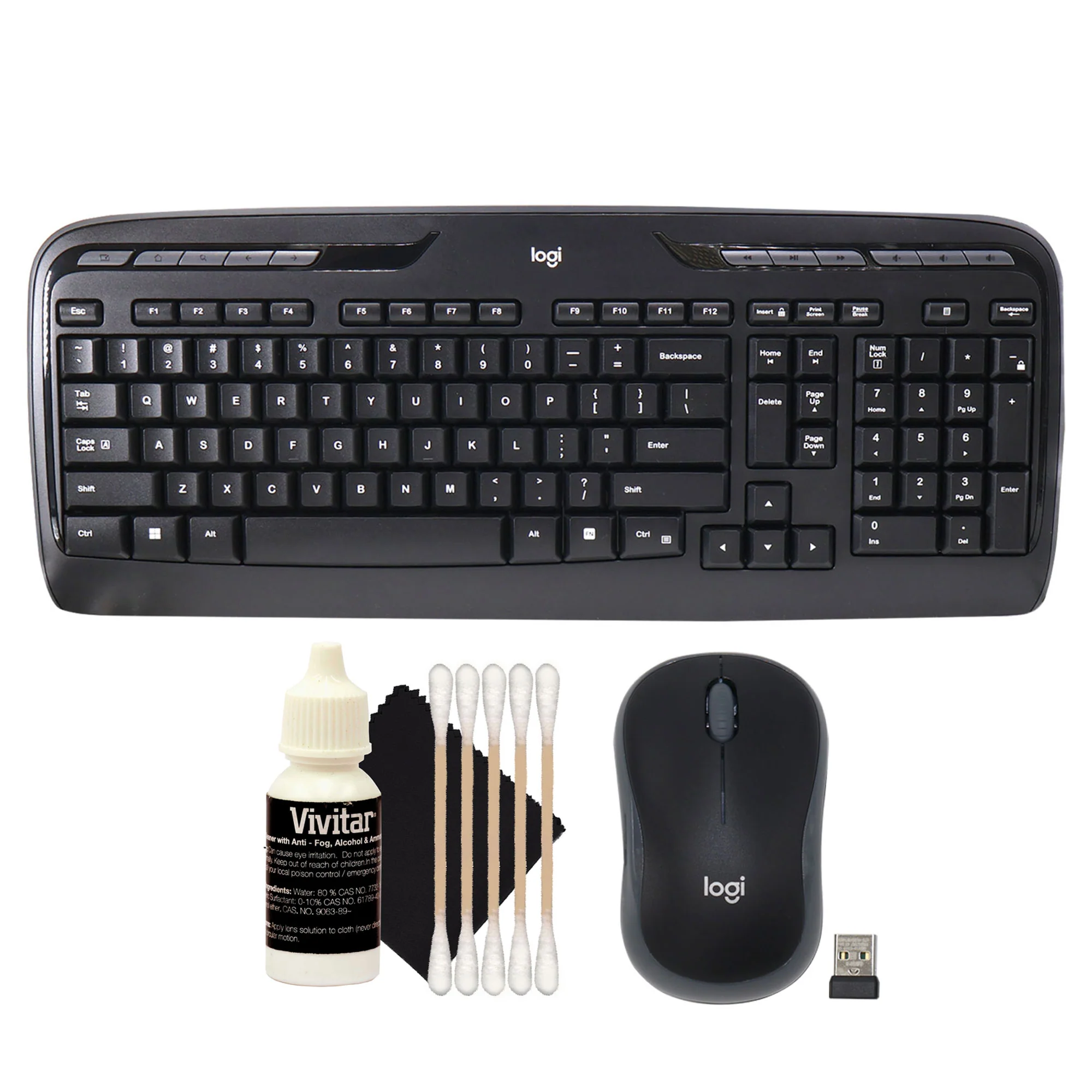 Logitech MK320 Full-size Wireless Membrane Keyboard and Mouse Bundle for PC - Black + 3pc Cleaning Kit
