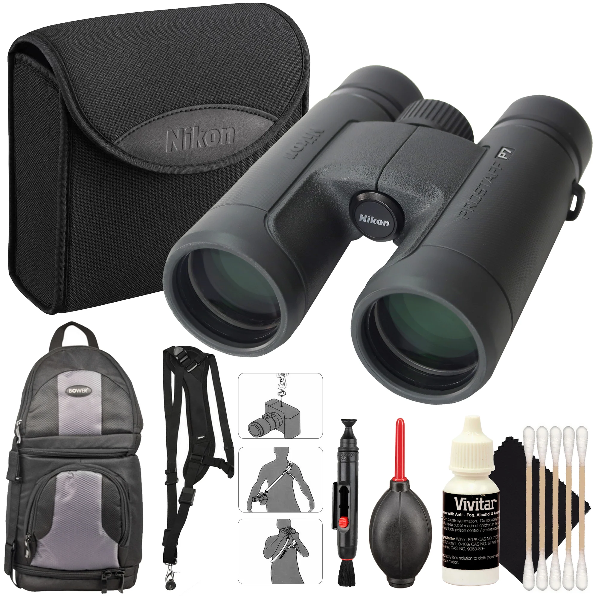 Nikon PROSTAFF P7 Roof Prism 8x42 Binoculars + DSLR Sling Backpack + Vivitar SLING1 Padded Neoprene Sling Hands Free Camera Strap with Threaded Fastener 1/4-20 Inch Thread for Active Photographers + Dust Blower + Vivitar Lens Cleaning Pen + Cleaning Kit