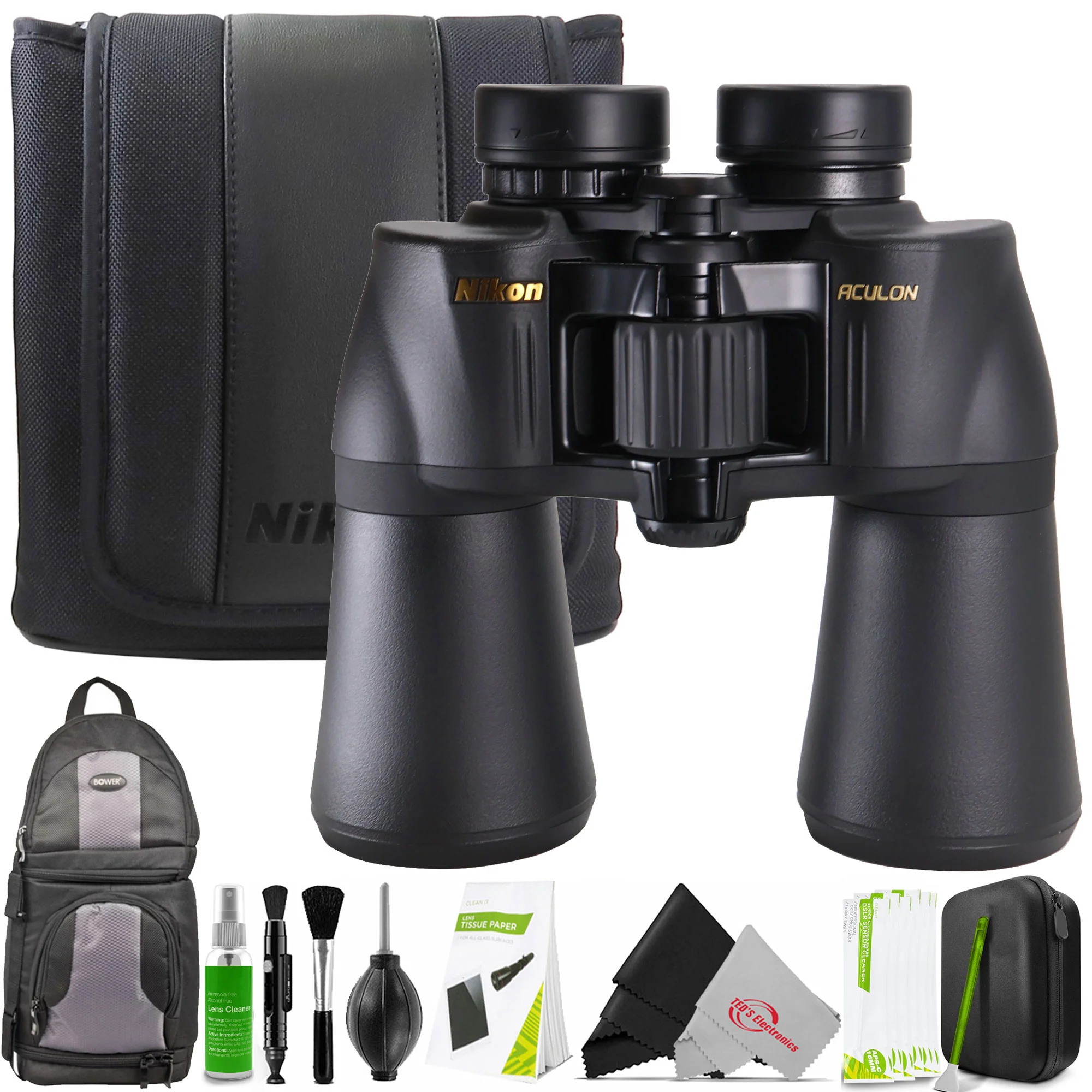 Nikon 10x50 Aculon A211 Binoculars + DSLR Sling Backpack + Professional Cleaning Kit