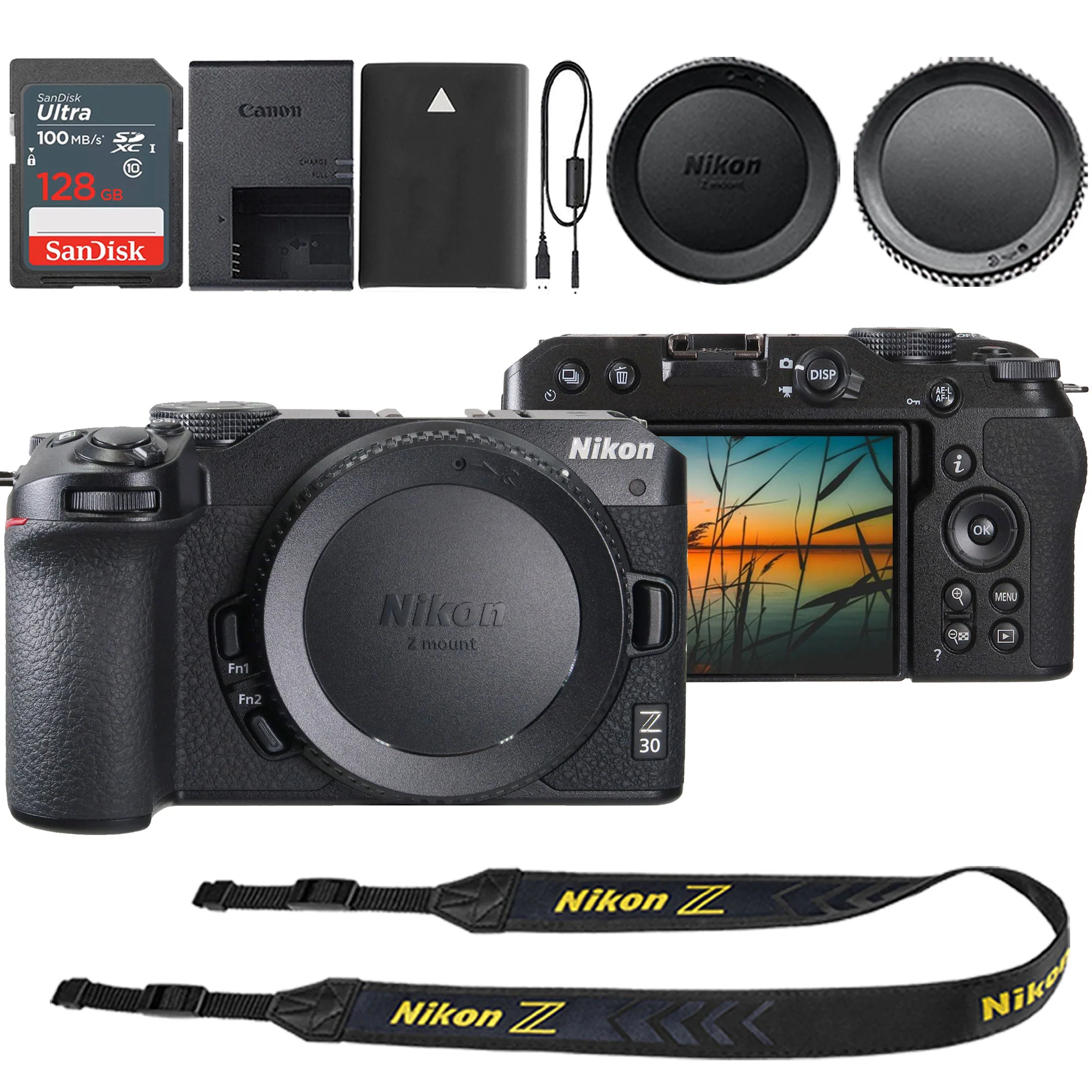 Nikon Z 30 Mirrorless Camera Body Only (Black) + Sandisk Ultra 128 GB SDXC UHS I Memory Card 100 MBs
