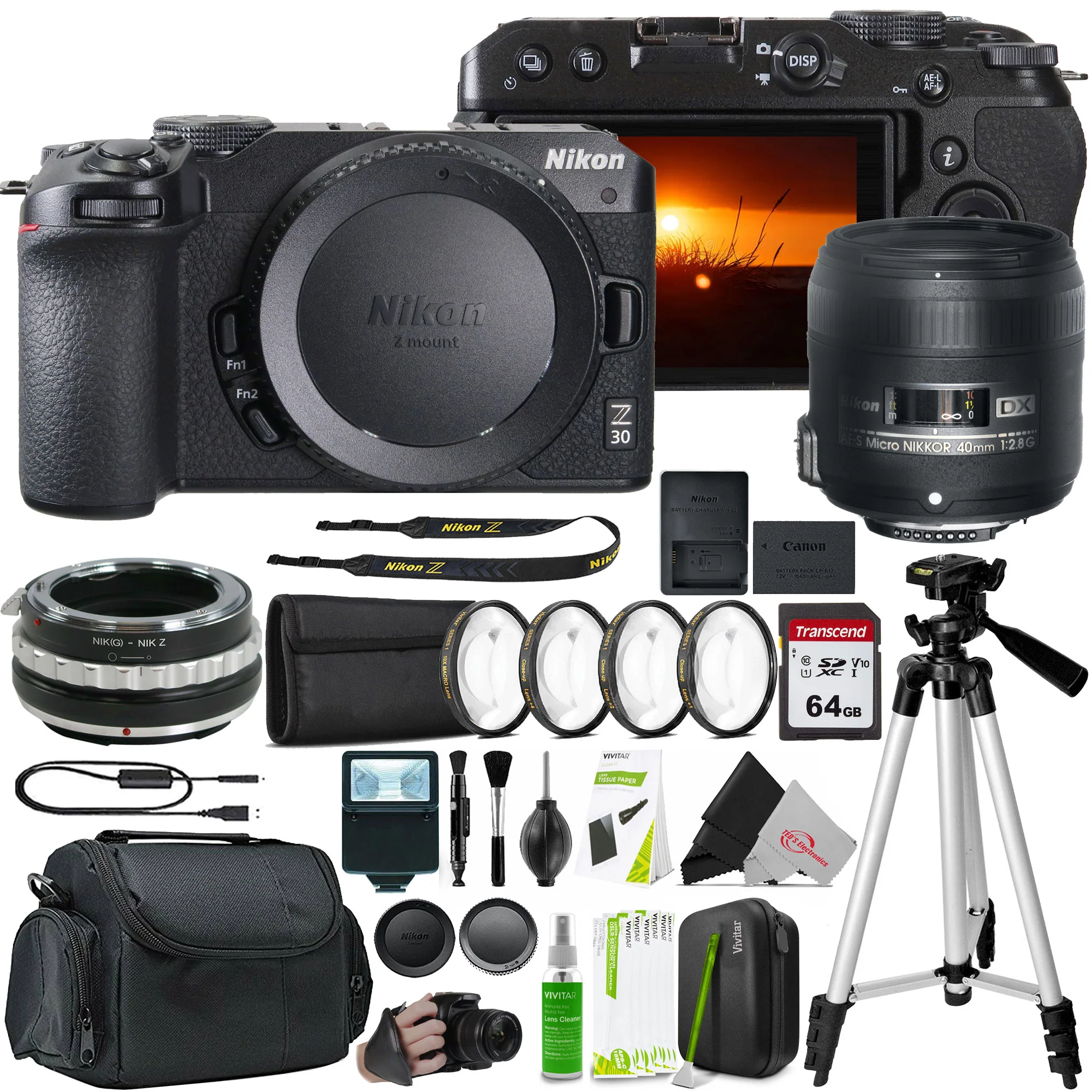 Nikon Z 30 Mirrorless Camera + Nikon AF-S DX Micro-NIKKOR 40mm f/2.8G Lens + Lens Mount Adapter for Nikon F Mount G-Type Lenses to Mount on Nikon Z Series Cameras + 52MM Filter Set + 64GB SDXC Card + Tripod + Grip Strap + flash + Case + Cleaning Kit