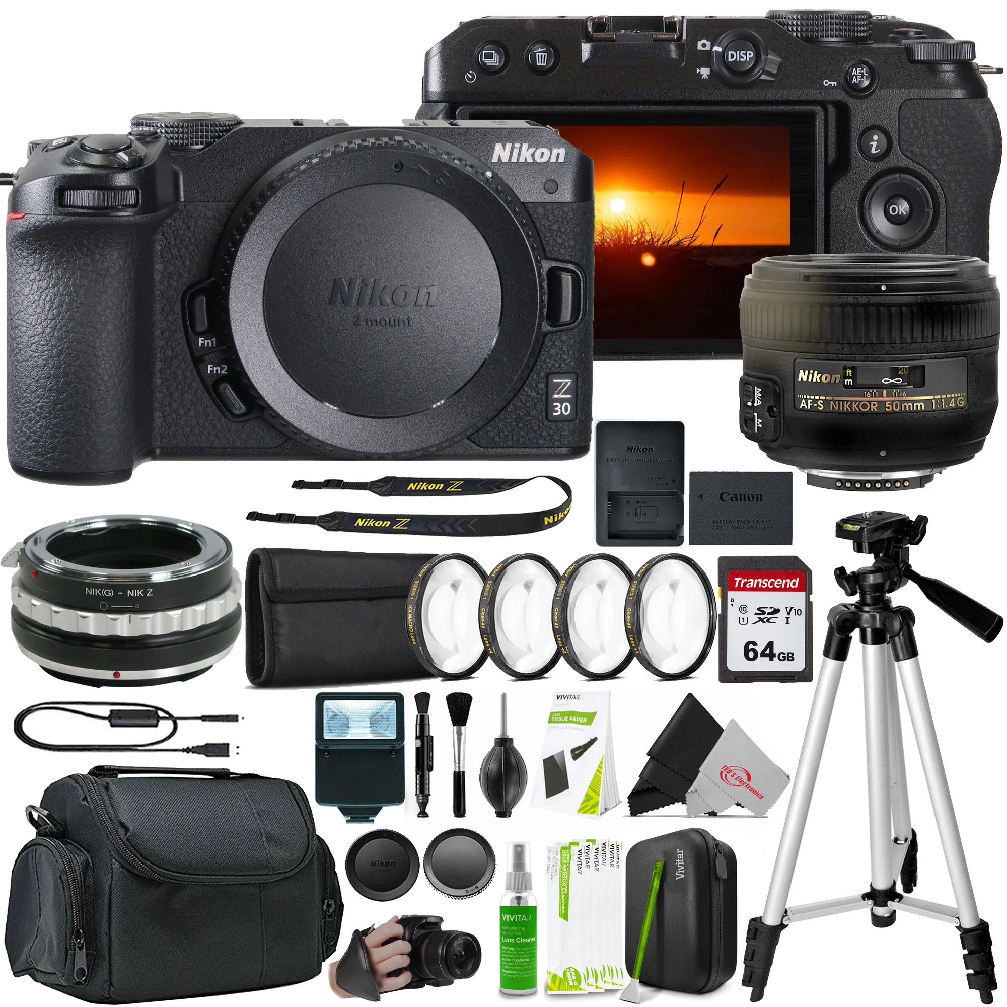 Nikon Z30 Mirrorless Camera + Nikon AF-S NIKKOR 50mm f/1.4G Lens + Lens Mount Adapter for Nikon F Mount G-Type Lenses to Mount on Nikon Z Series Cameras - Manual Control + 64GB SDXC Card + Tripod + 58mm Filter Set + Grip Strap + flash + Case + CleaningKit