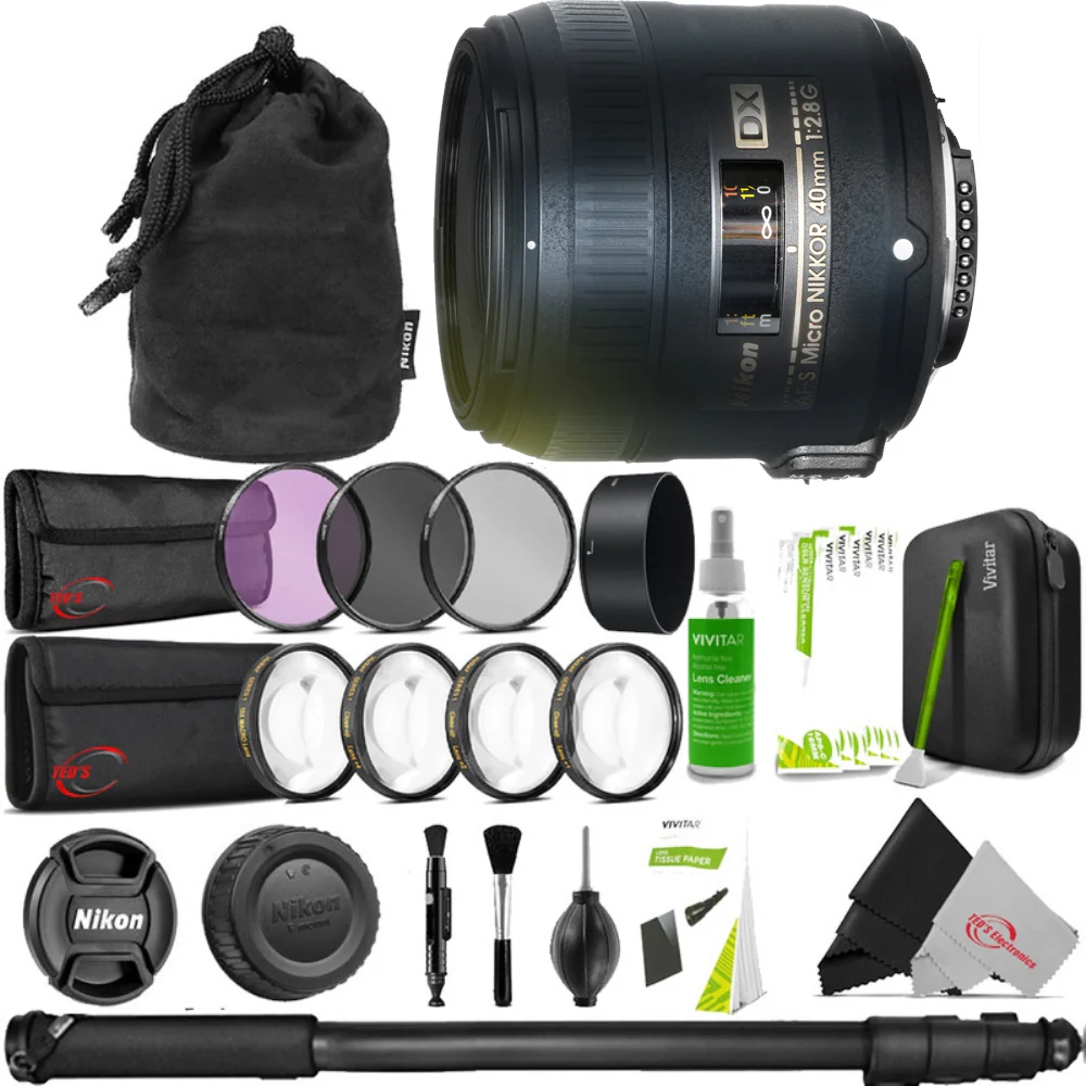 Nikon AF-S DX Micro NIKKOR 40mm f/2.8G Lens + Filter Kit + Macro Kit + Professional Cleaning Kit + 62" Monopod