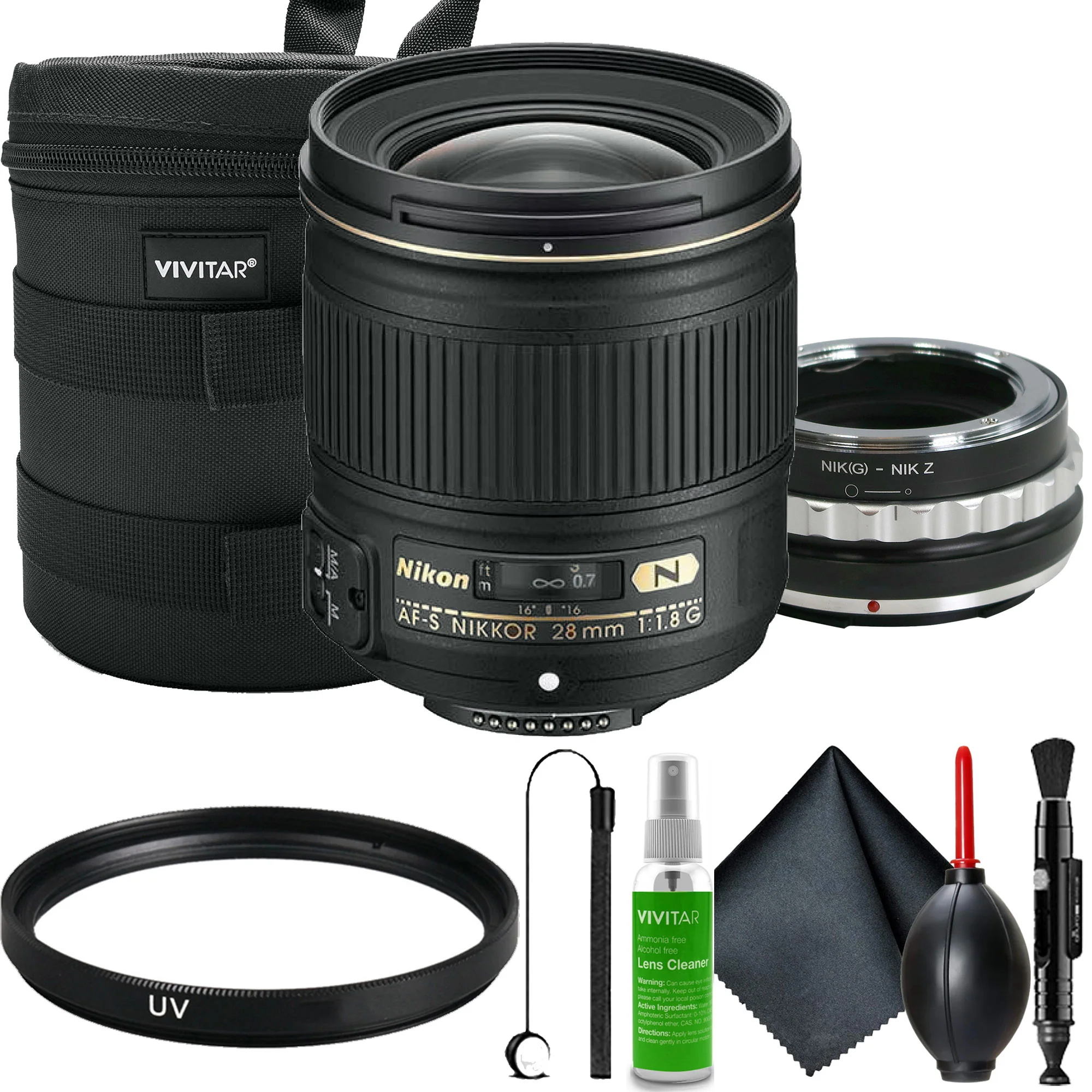 Nikon AF-S NIKKOR 28mm f/1.8G Lens + Innovexee Lens Mount Adapter for Nikon F Mount G-Type Lenses to Mount on Nikon Z Series Cameras - Manual Control + Lens Case 6" + 67mm UV Filter + Lens Cap Holder + Cleaning Kit + Dust Blower + Lens Cleaning Pen