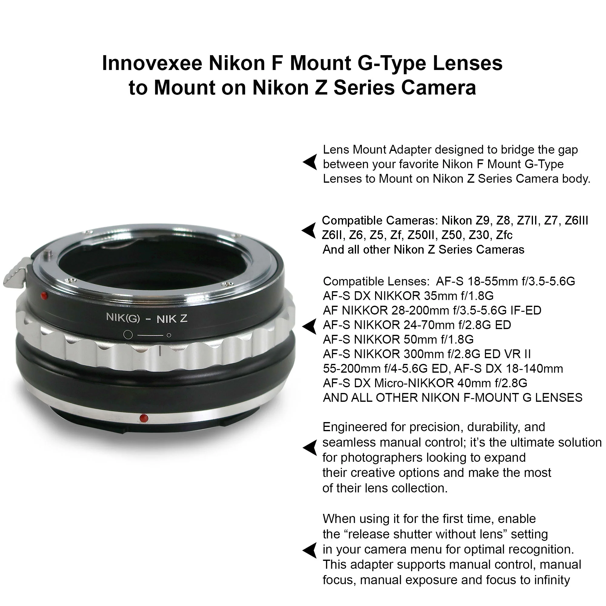 Nikon AF-S NIKKOR 28mm f/1.8G Lens + Innovexee Lens Mount Adapter for Nikon F Mount G-Type Lenses to Mount on Nikon Z Series Cameras - Manual Control + Lens Case 6" + 67mm UV Filter + Lens Cap Holder + Cleaning Kit + Dust Blower + Lens Cleaning Pen - Image 2