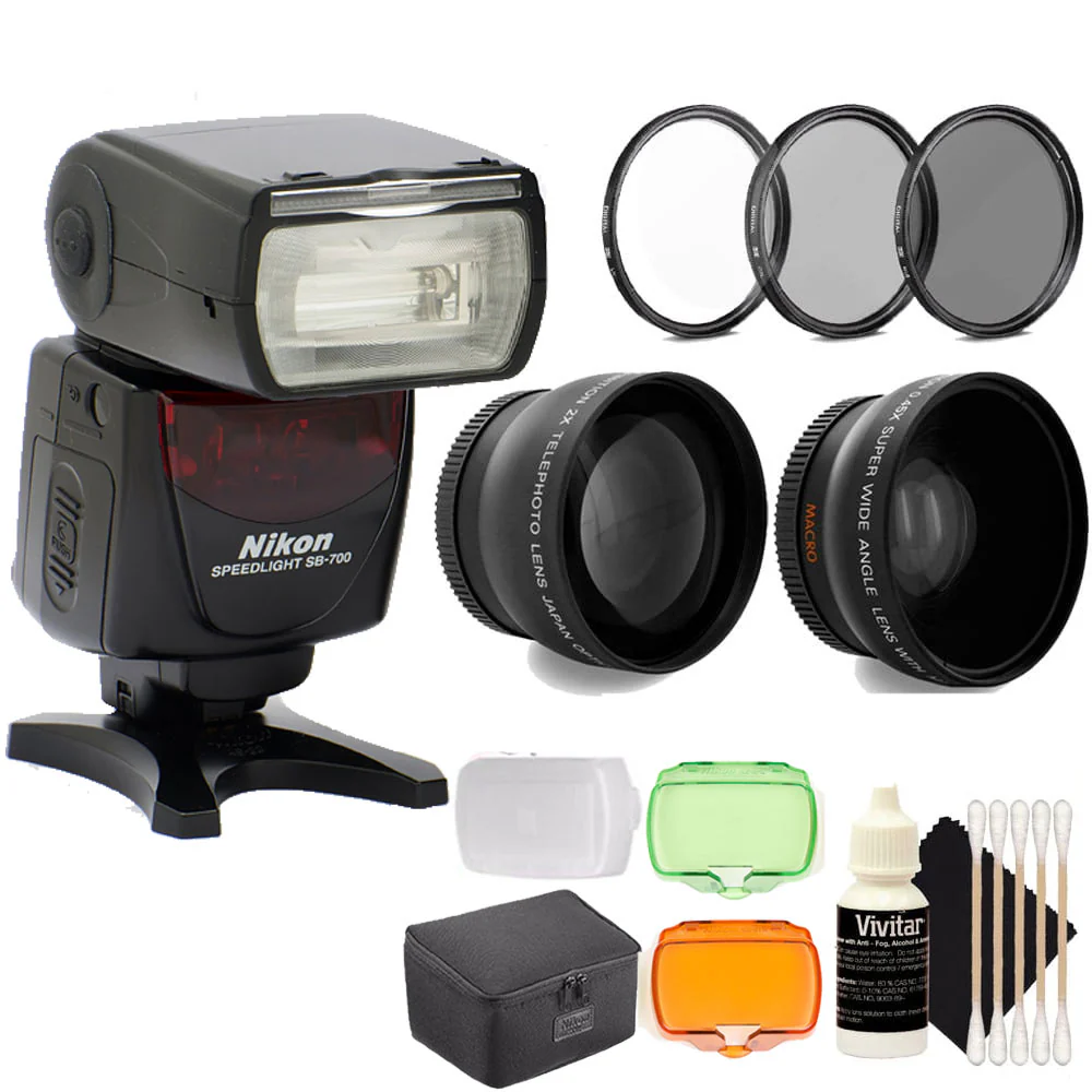 Nikon SB-700 AF Speedlight Shoe Mount Flash + 52mm Filter Kit + Telephoto & Wide Angle Lens + 3pc Cleaning Kit