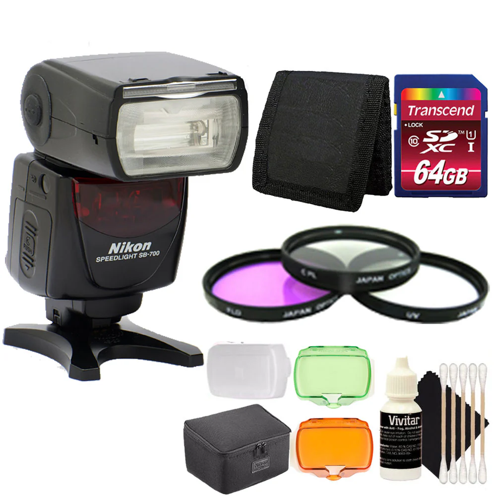 Nikon SB-700 AF Speedlight Shoe Mount Flash + 52mm Filter Kit + 64GB Memory Card + Wallet + 3pc Cleaning Kit