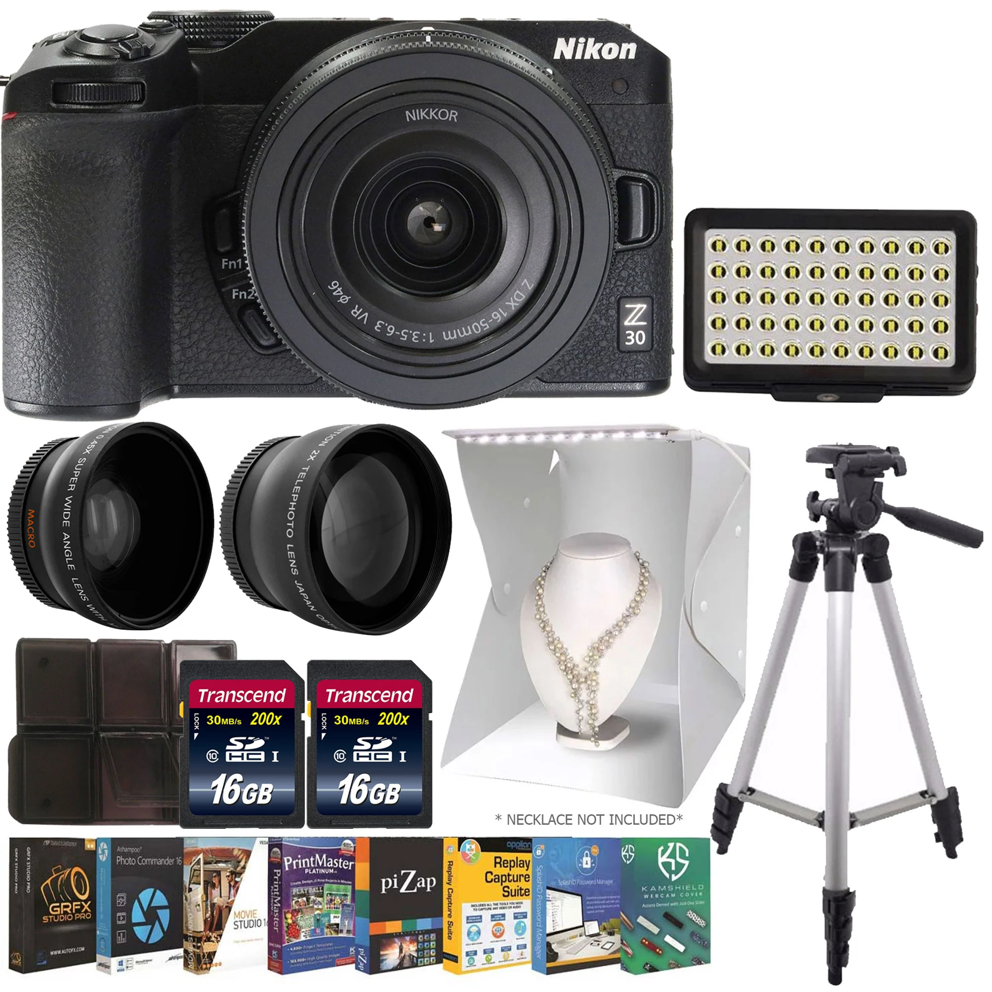 Nikon Z30 Mirrorless Camera w/ DX 16-50mm Lens Black + 11" Snap Assembly Portable Lightbox + Powerful Smartphone 50 LED Video Light + 46mm HD Multi-Coated 2.2X Telephoto, .43X Wide Angle Lens + Tripod + Photo Suite + 16GB Memory Card + Card Holder