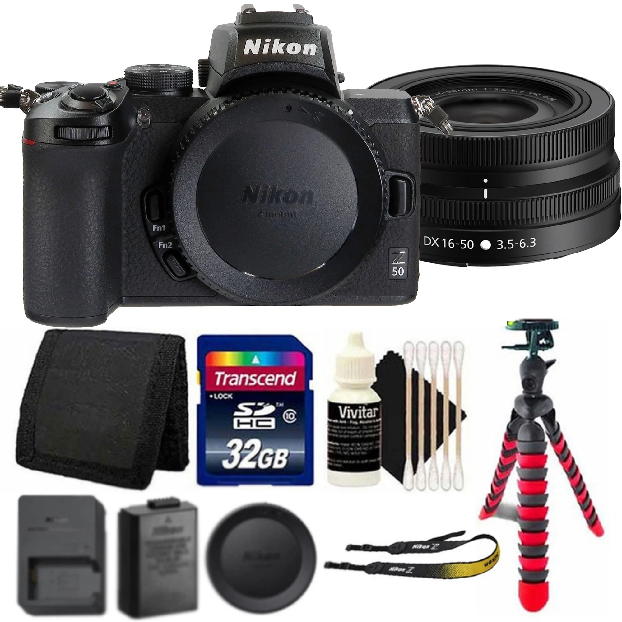 Nikon Z50 Mirrorless Digital Camera with 16-50mm Lens + 32GB Memory Card + Wallet + Flexible Tripod + 3pc Cleaning Kit
