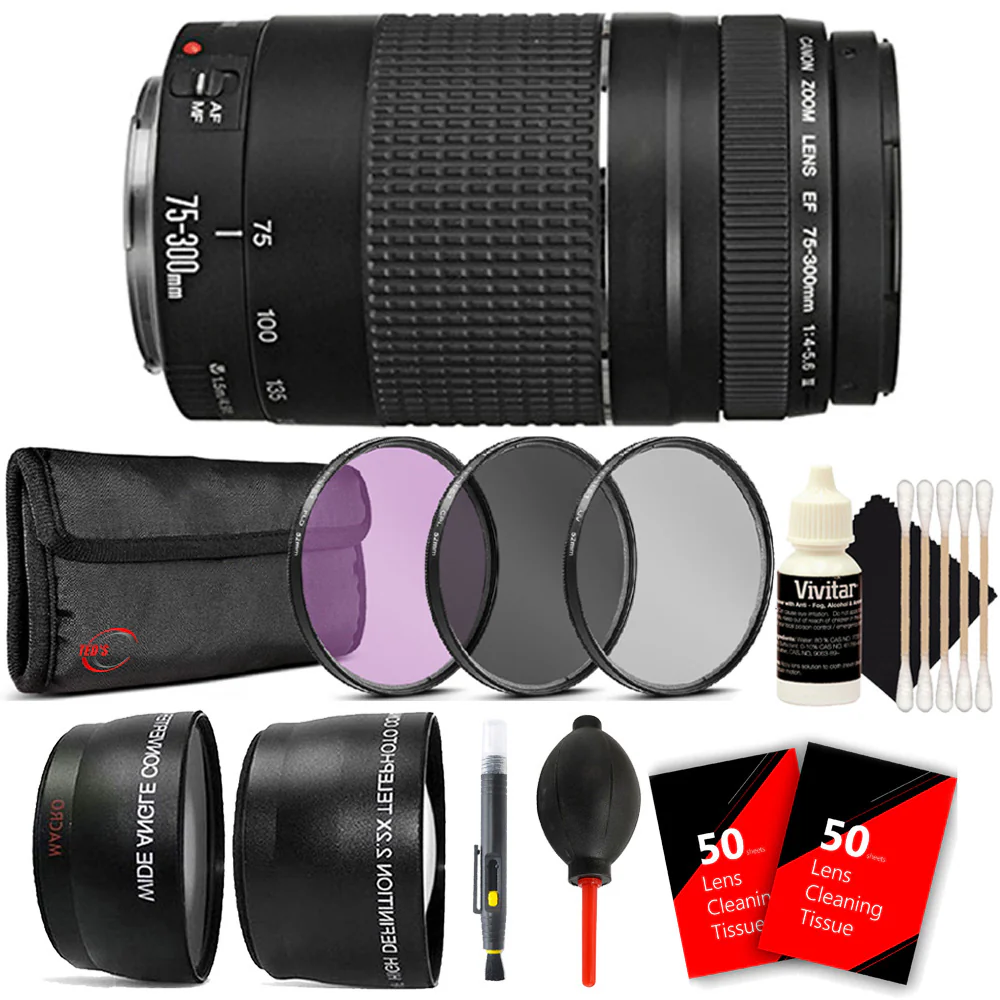 Canon EF 75-300mm f/4-5.6 III Lens + 58mm Filter Kit + Telephoto & Wide Angle Lens + Lens Cleaner + Dust Blower + 100 Lens Tissue + 3pc Cleaning Kit