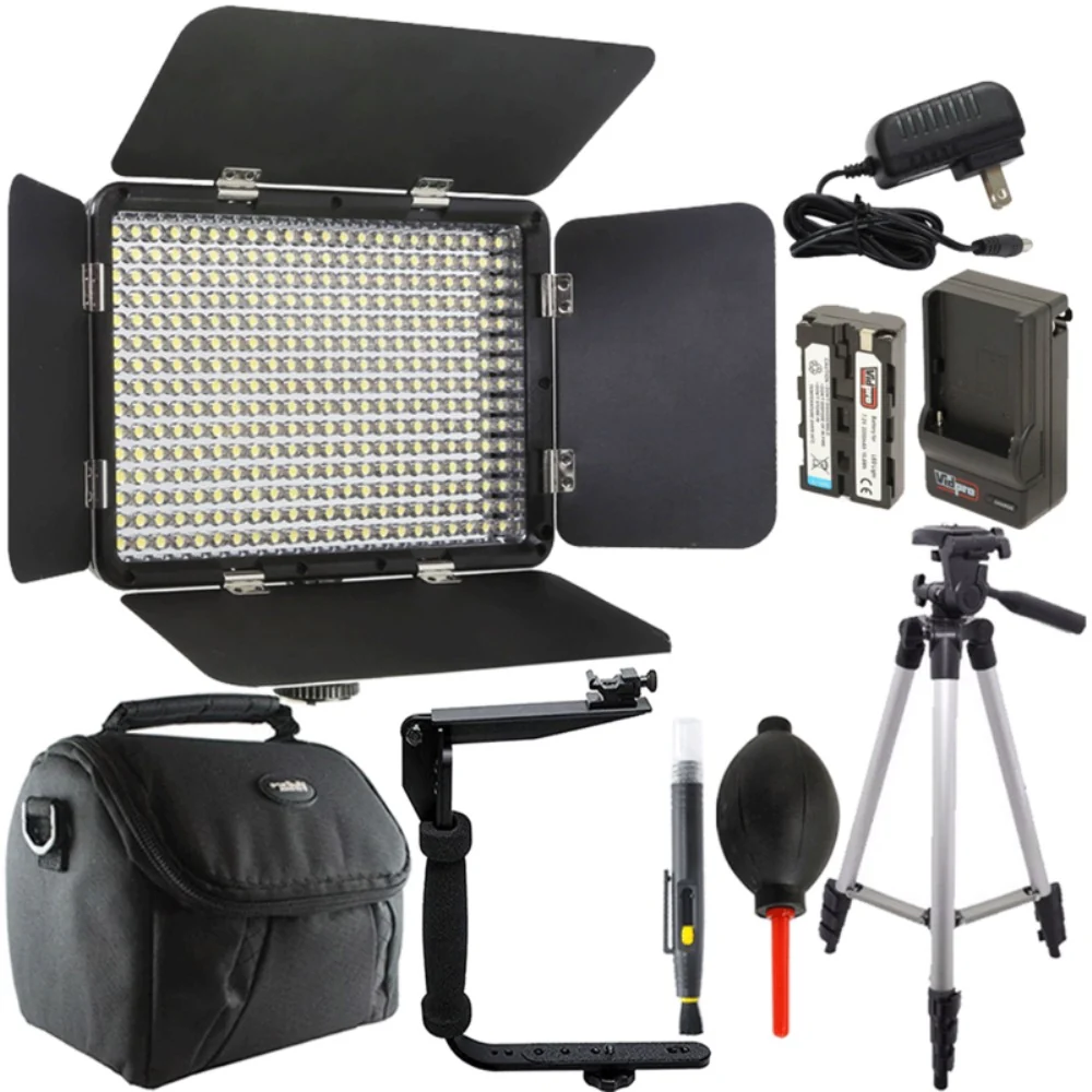 330 LED Varicolor Ultra Slim Photo Video Light + Flash Bracket + Lens Cleaner + Dust Blower + Tall Tripod
