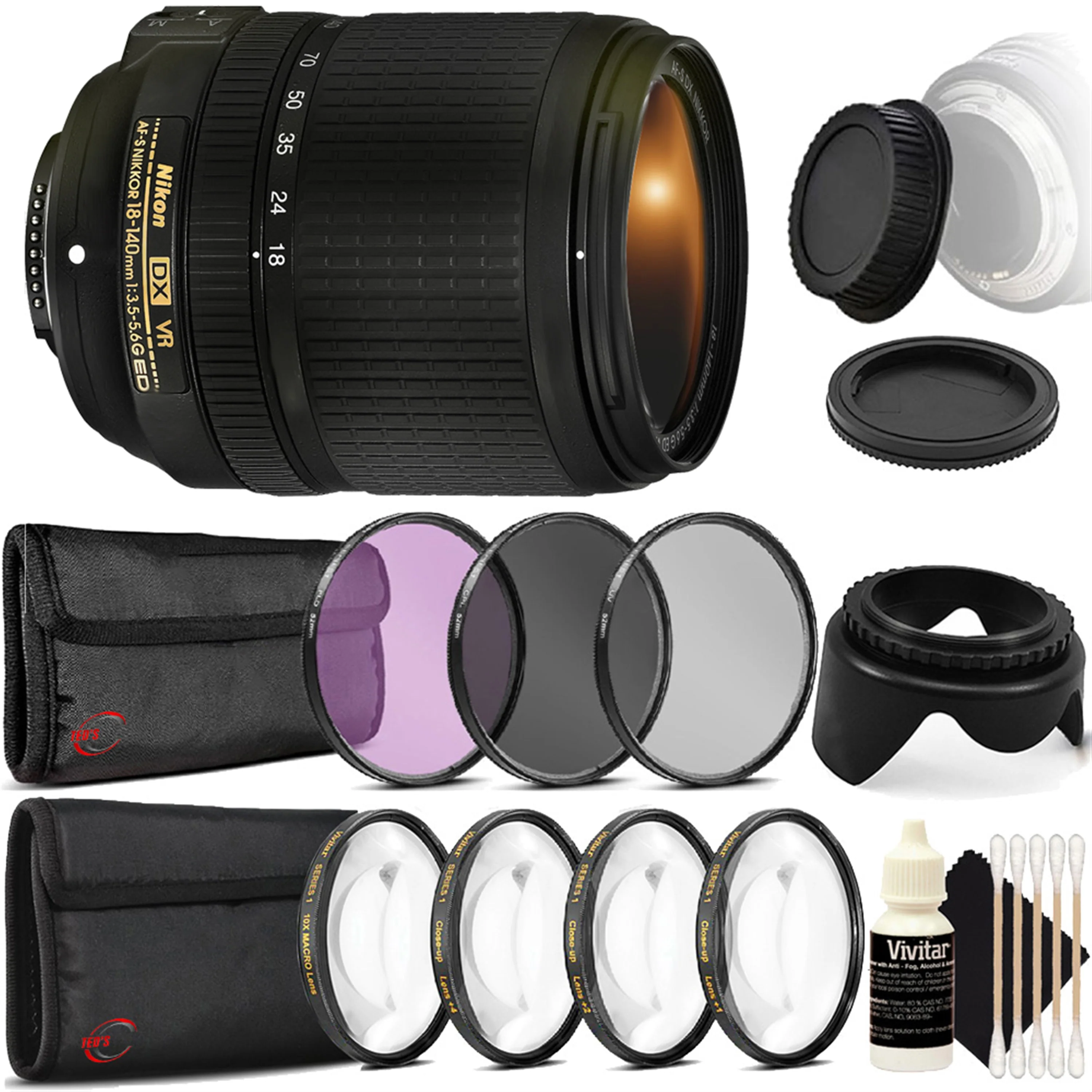 Nikon AF-S DX NIKKOR 18-140mm f/3.5-5.6G ED VR Lens + 67mm Filter Kit + Macro Kit + Tulip Lens Hood + Rear & Front Cap + 3pc Cleaning Kit