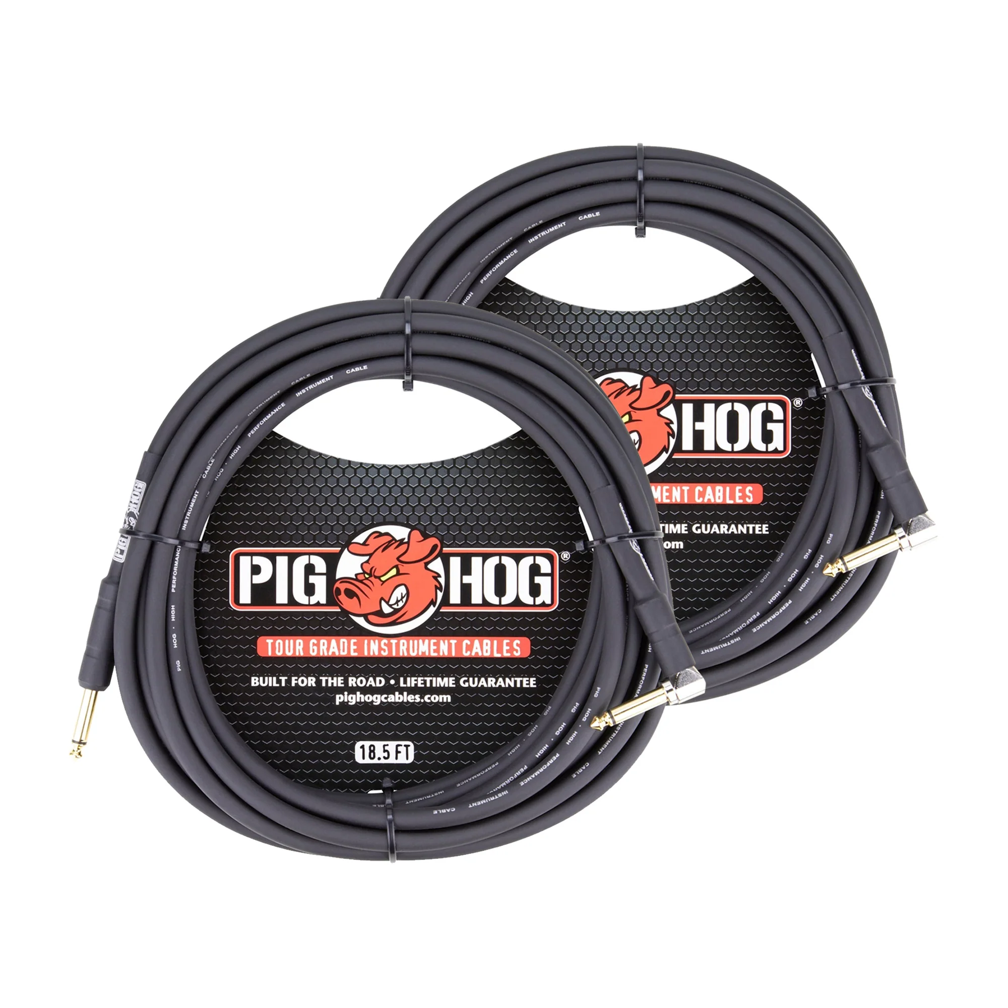 2x Pig Hog Tour Grade 18.5 1/4" - 1/4" 8mm Instrument Cable Straight to Right Angle Connectors