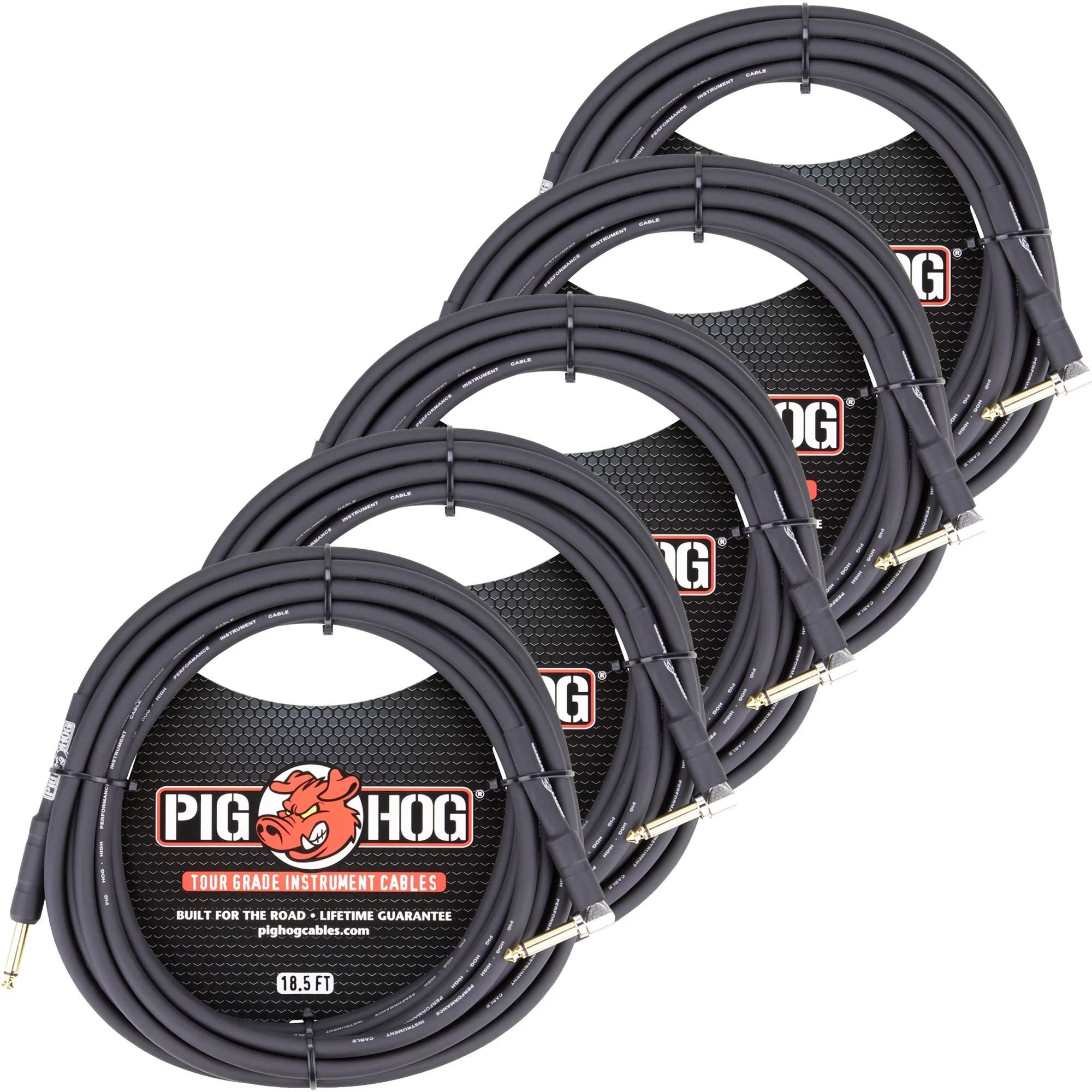 5x Pig Hog Tour Grade 18.5 1/4" - 1/4" 8mm Instrument Cable Straight to Right Angle Connectors