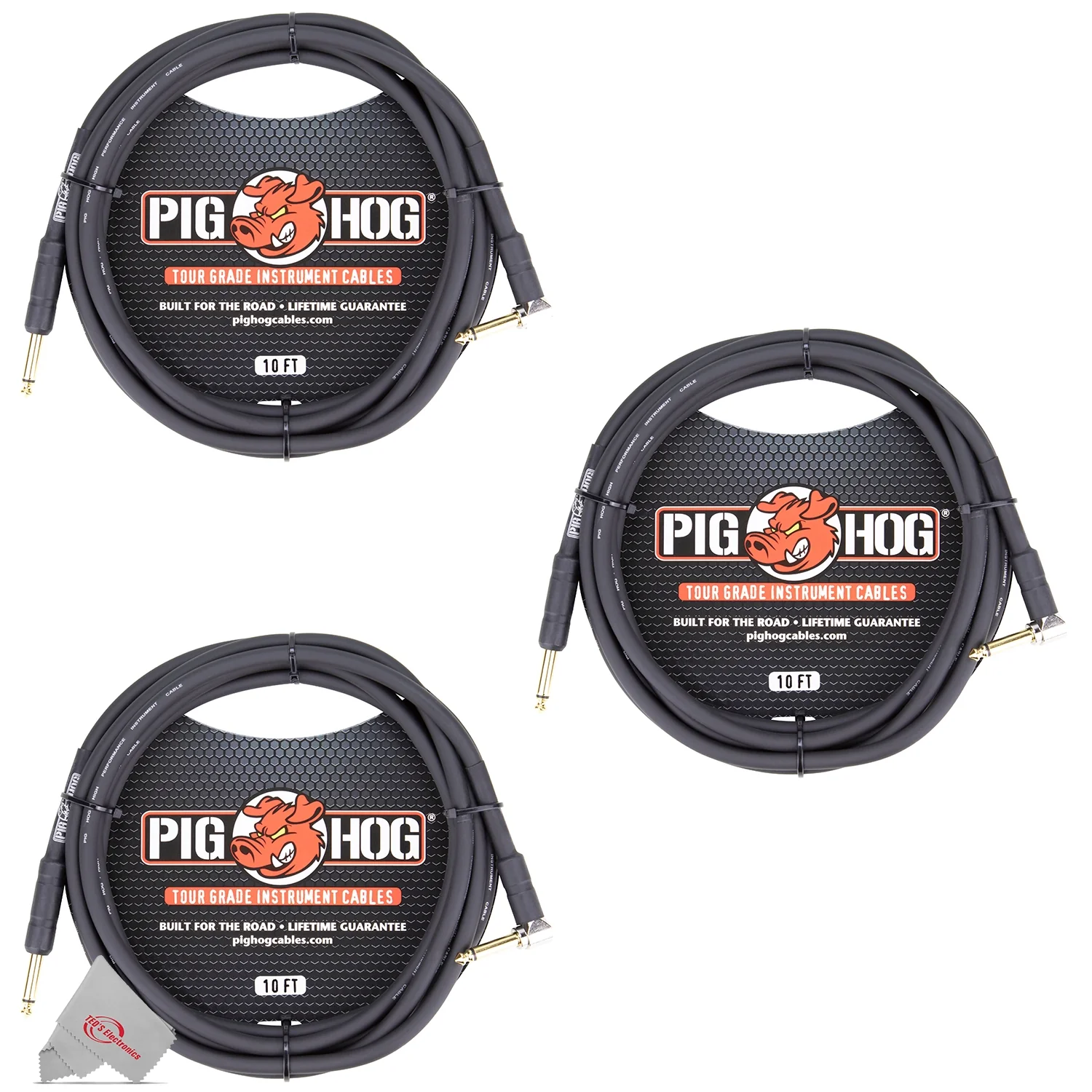 Pig Hog Tour Grade 10 Instrument Cable 1/4 Inch to 1/4 Inch Right Angle to Straight Connectors - PH10R - 3 Units