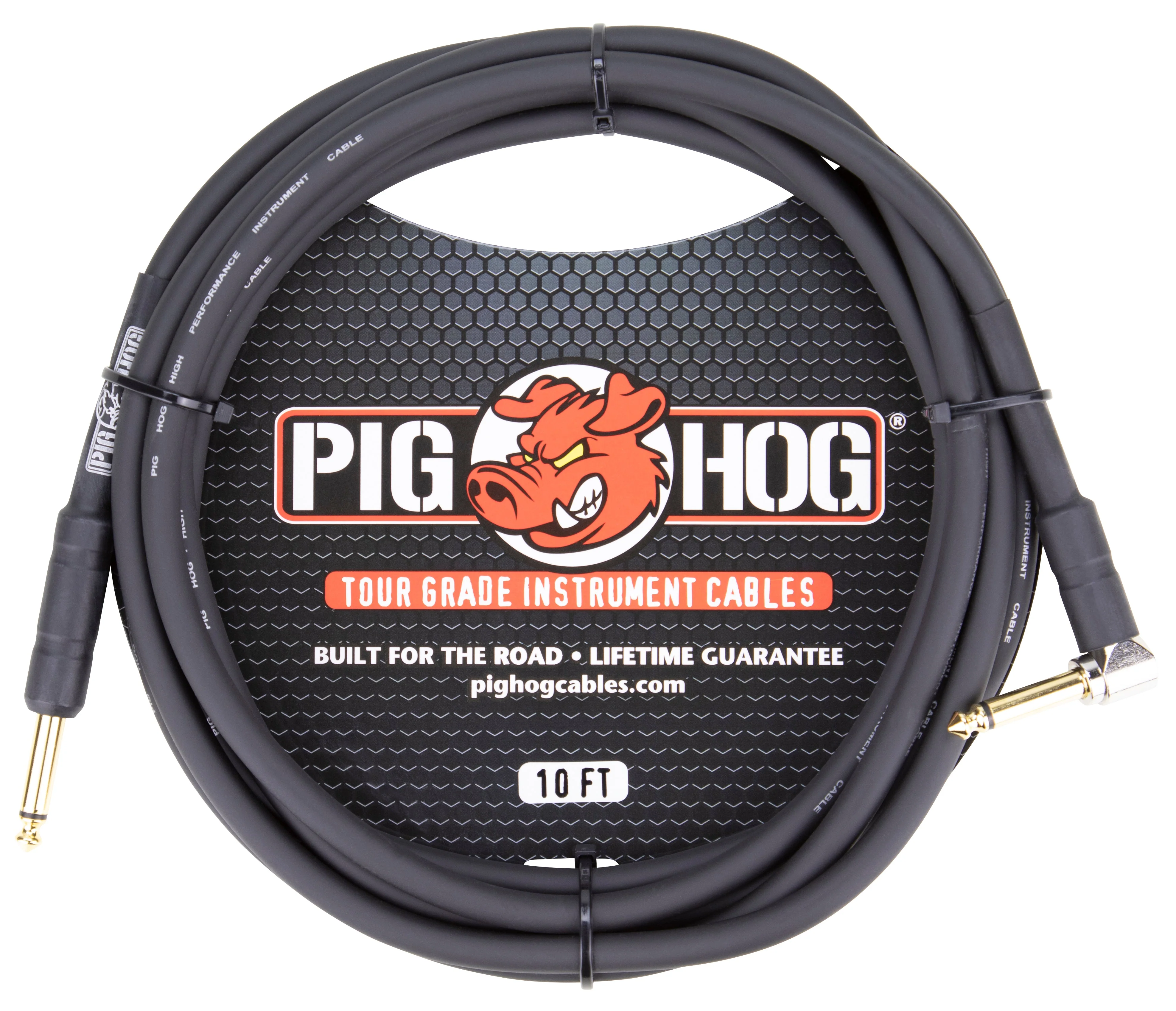 Pig Hog Tour Grade 10 Instrument Cable 1/4 Inch to 1/4 Inch Right Angle to Straight Connectors - PH10R