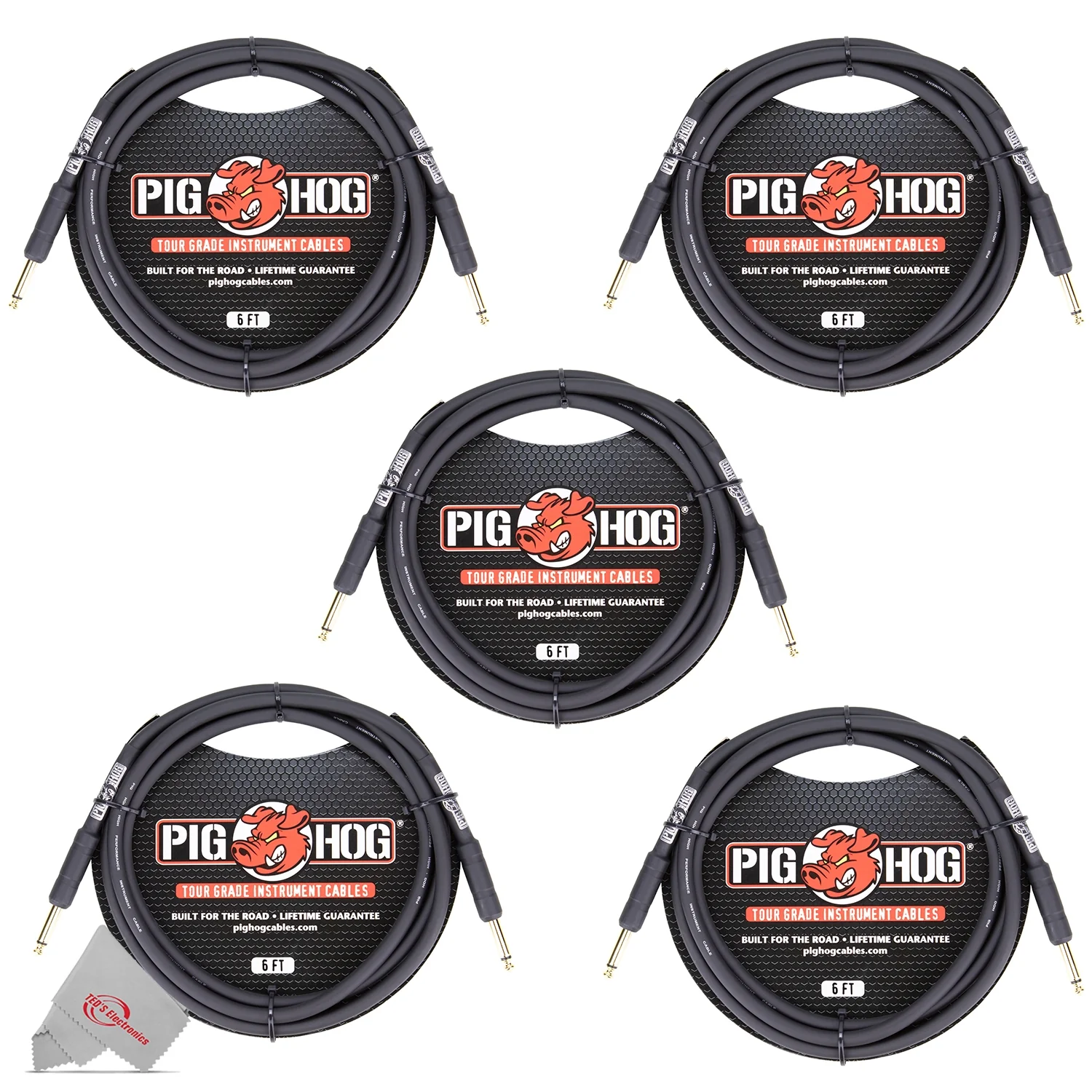 Pig Hog Tour Grade 6 Instrument Cable 1/4 Inch to 1/4 Inch Straight Connectors - PH6R - 5 Units