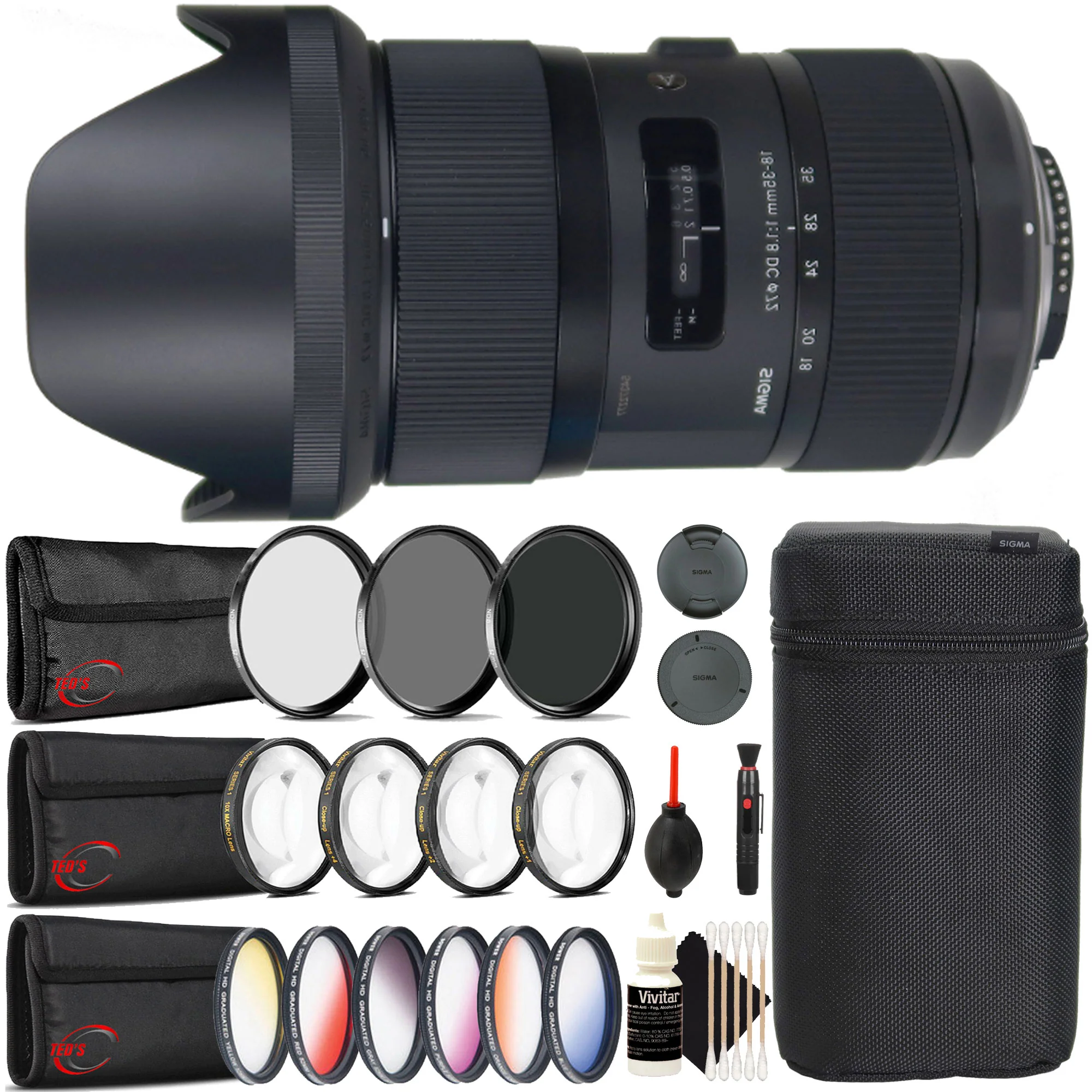 Sigma 18-35mm f/1.8 DC HSM Art Lens for Nikon F + 72MM +1 +2 +4 +10 Close Up Macro Diopter Filter Set + 72mm Rotating Graduate 6PC Filter + 72mm UV CPL ND8 Filter Kit + Lens Cleaning Pen + Dust Blower + Vivitar 3pc Cleaning Kit
