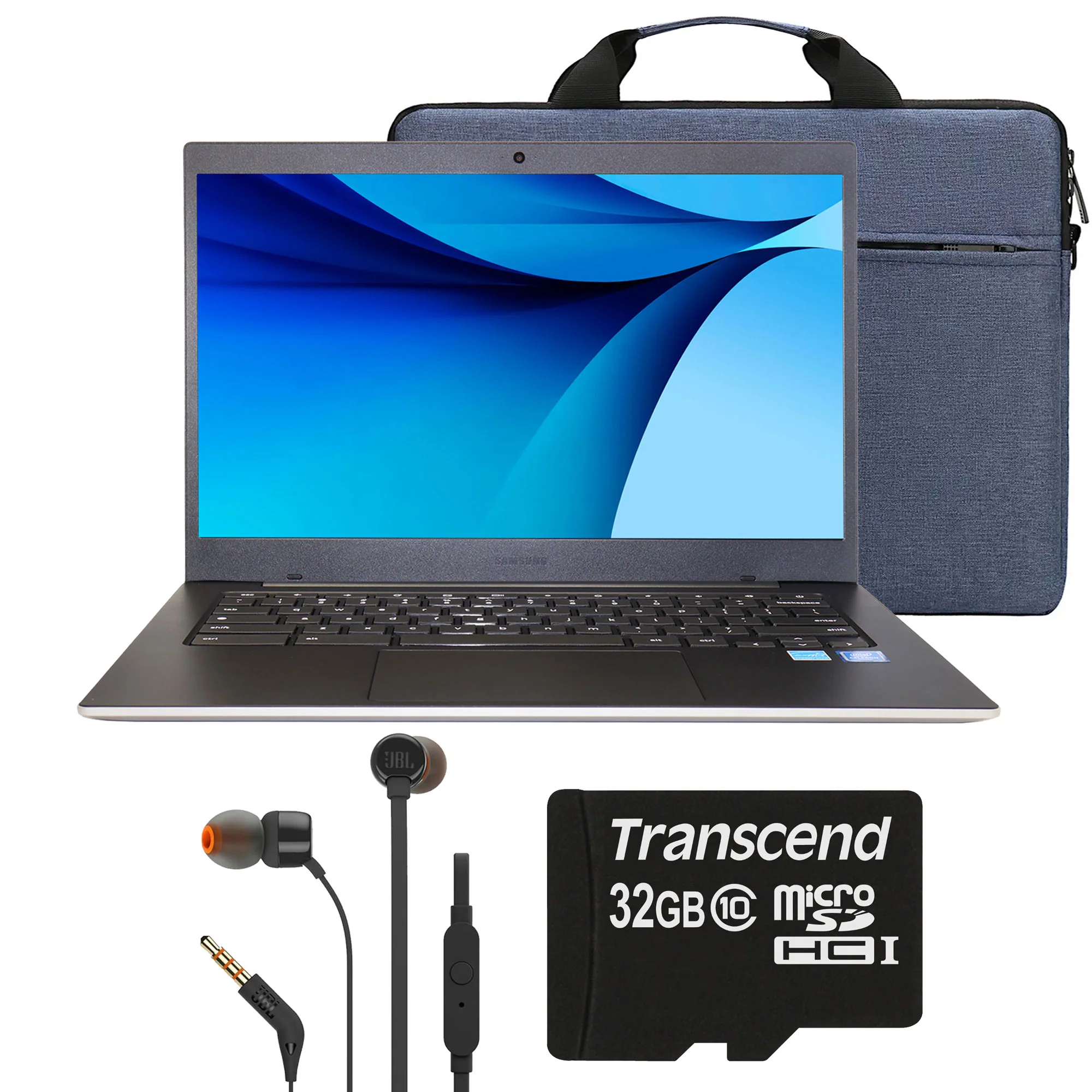 Samsung Galaxy Chromebook Go 14" LED Laptop - Intel Celeron N4500, 4GB RAM, 64GB Storage, ChromeOS (Silver) + 32GB MicroSD Transcend Memory Card + JBL T110 in Ear Headphones + Splash Proof Wear Resistant Polyester Fiber Computer Briefcase Laptop Bags
