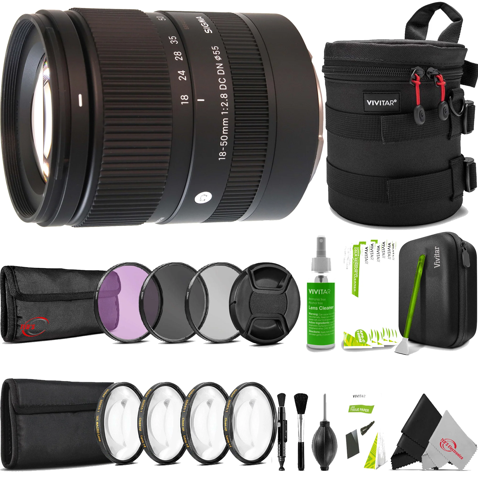 Sigma 18-50mm f/2.8 DC DN Contemporary Lens for Sony E + Filter Kit + Macro Filter Kit + Snap-On Cap + Lens Case + Professional Cleaning Kit