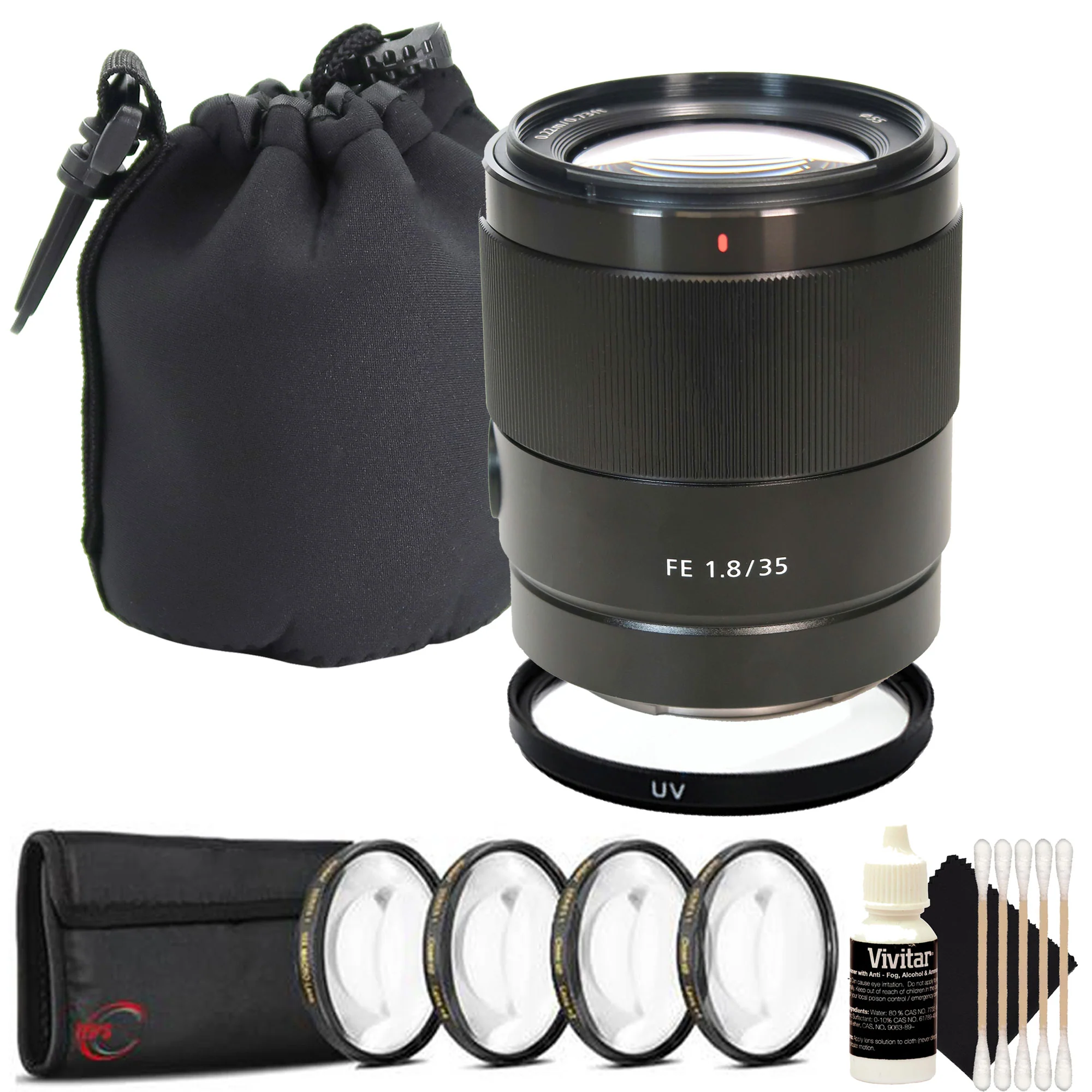 SONY FE 35 mm f/1.8 Standard Prime Lens + Waterproof Neoprene Medium Lens Pouch for DSLR & Mirrorless Cameras + 55MM +1 +2 +4 +10 Close Up Macro Diopter Filter Set for 55mm Thread Lenses + Vivitar UV 55MM Filter + Vivitar Three Piece Cleaning Kit
