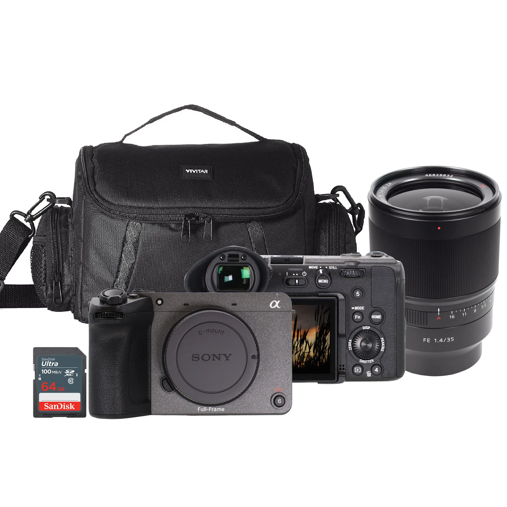 Sony FX2 Full-Frame Digital Cinema Line Camera (Gray) + Sony Distagon T* FE 35mm f/1.4 ZA Lens + SanDisk 64GB Ultra SDXC UHS I Memory Card + Full Size DSLR Gadget Bag