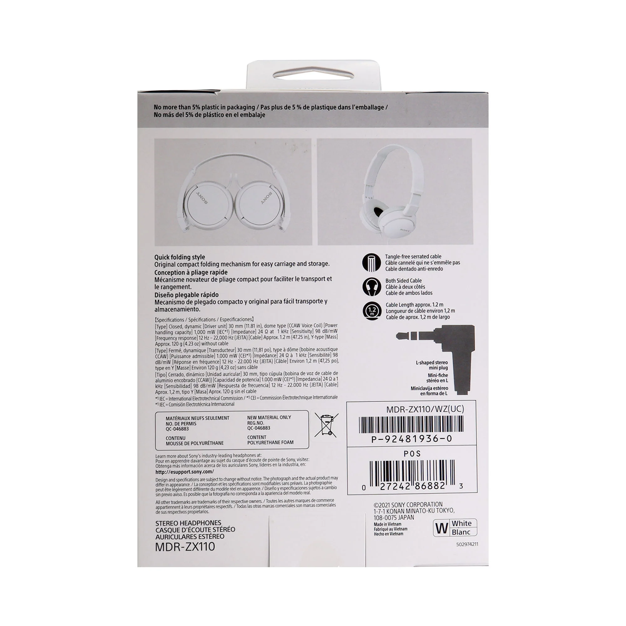 Sony MDR-ZX110 On-Ear Wired Headphones (White) - Image 7