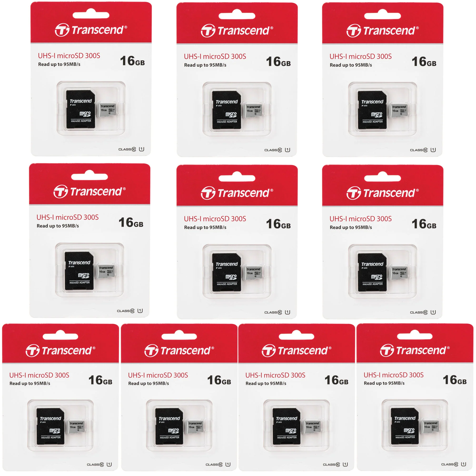10x Transcend 16GB MicroSD 300s 95MB/s Class 10 Micro SDHC Memory Card with SD Adapter