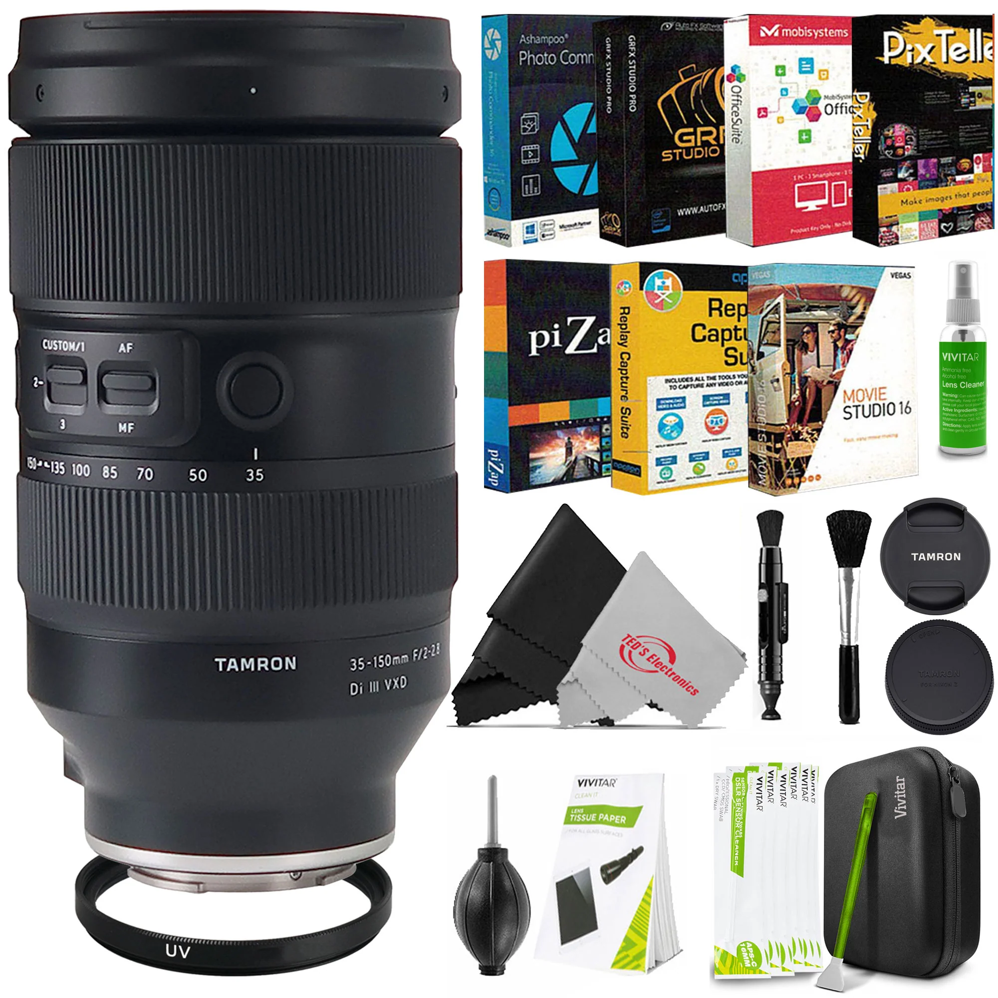 Tamron 35-150mm f/2-2.8 Di III VXD Lens (Nikon Z) + 82mm UV filter (vivitar) + SanDisk Ultra 16GB Class 10 SDHC UHS-I Memory Card up to 80MB/s  SDSDUNC-016G-GN6IN + Tech Smart USA Photo and Video Professional Editing Suite + Professional Cleaning Kit APS-