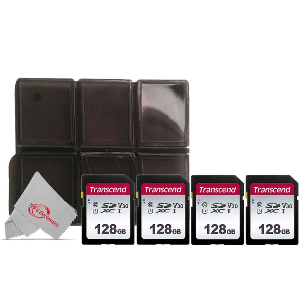 4 x Transcend SDXC 128GB UHS -I U3 300s V30 Class 10 95MB/s + Memory Card Holder