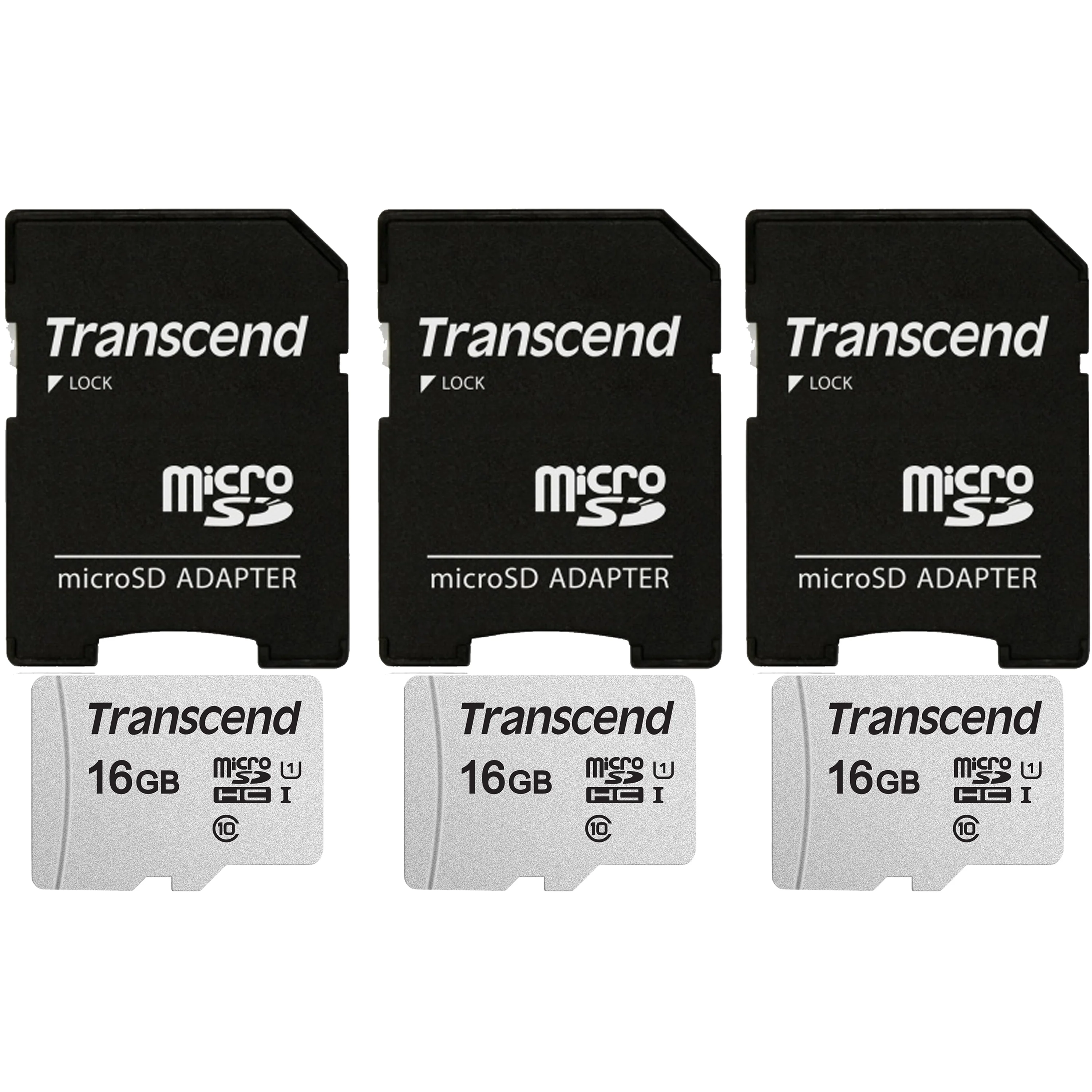 3x Transcend 16GB MicroSD 300s 95MB/s Class 10 Micro SDHC Memory Card with SD Adapter