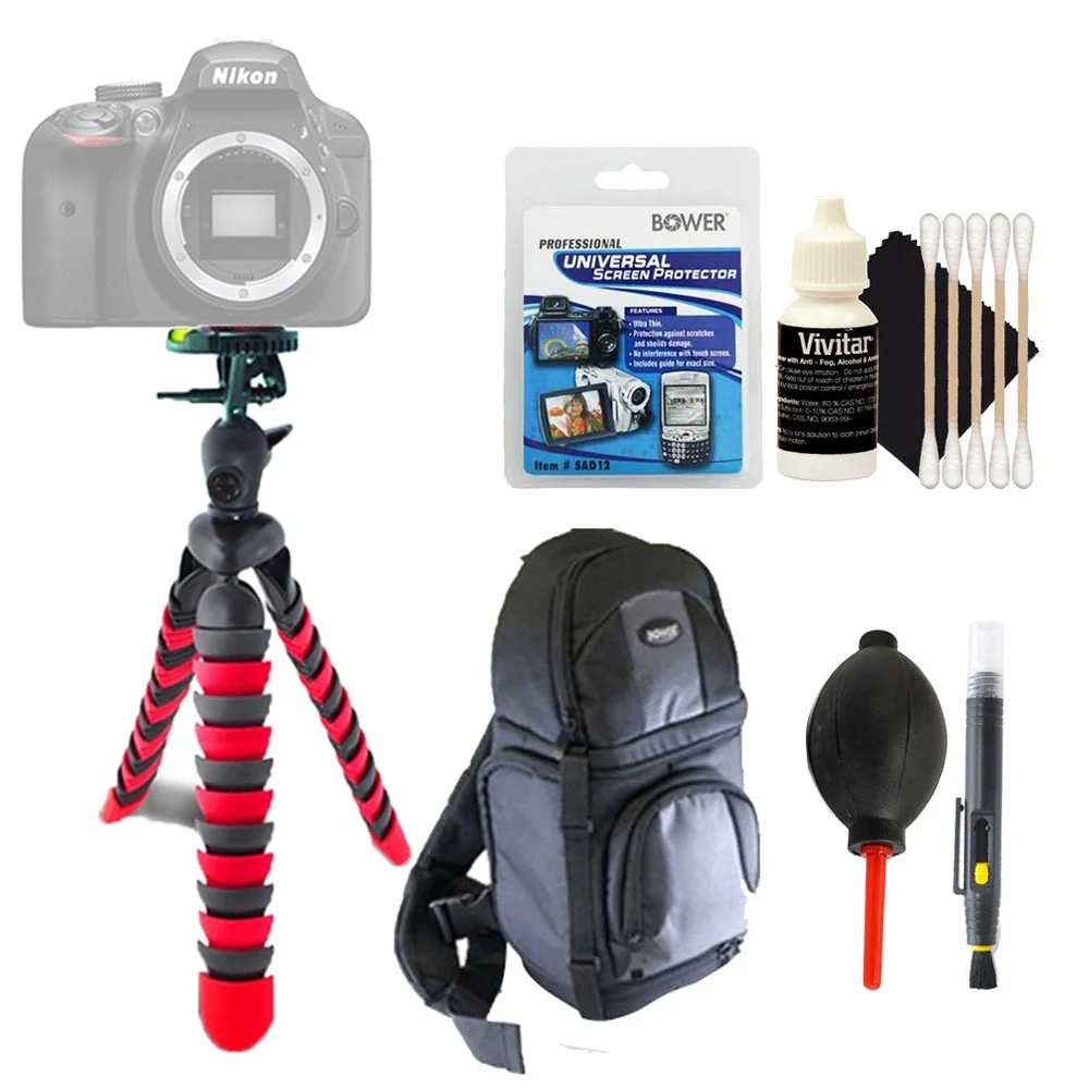Flexible Tripod + Lens Cleaner + Dust Blower + Universal Screen Protector + DSLR Backpack + 3pc Cleaning Kit