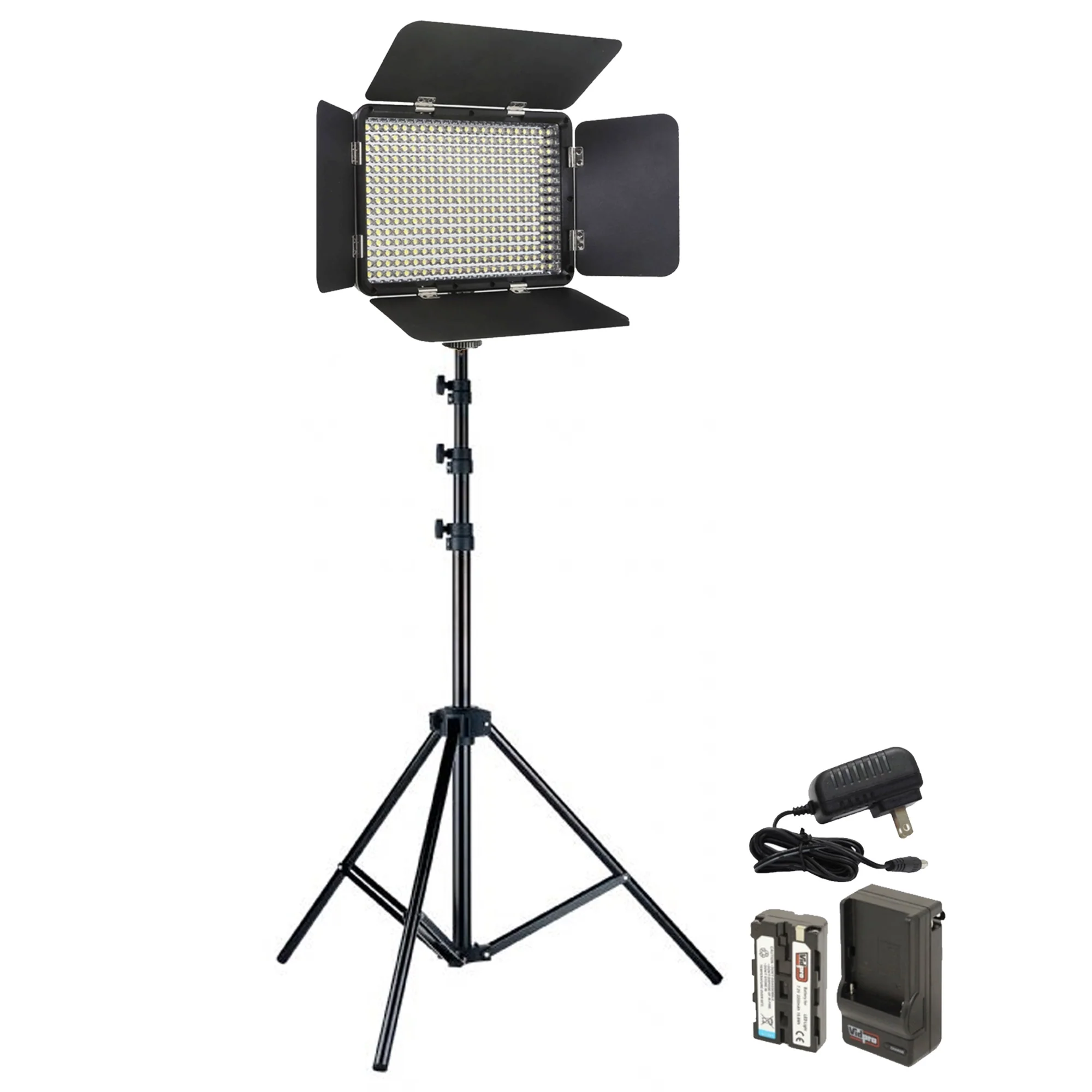 Vidpro LED-330X Varicolor Studio Video Lighting Kit with Built-in Barn Doors & Diffuser Includes Li-ion Battery & Charger, AC Adapter, Adjustable Shoe Mount + Vivitar Tabletop 27" Adjustable Height Multipurpose Light Stand Solid Locking System with Carryi