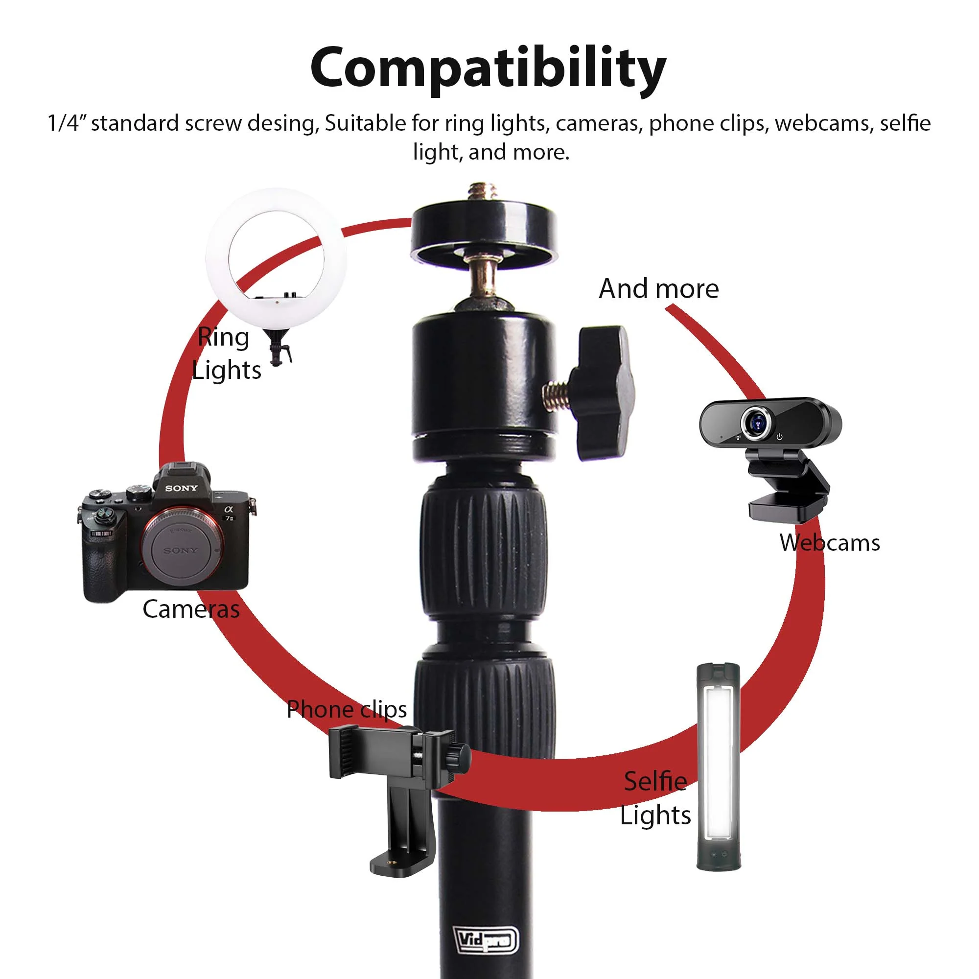 Vidpro ST18 Camera Smartphone Webcam Desktop Stand - 1/4" Screw Mount, 360° Rotatable Ball Head, 8 - 18 Inch Height Adjustable Table Stand for DSLR, Cameras, and More + VIVITAR multi functional selfie light, 162 led lamps, 2850 - Image 3